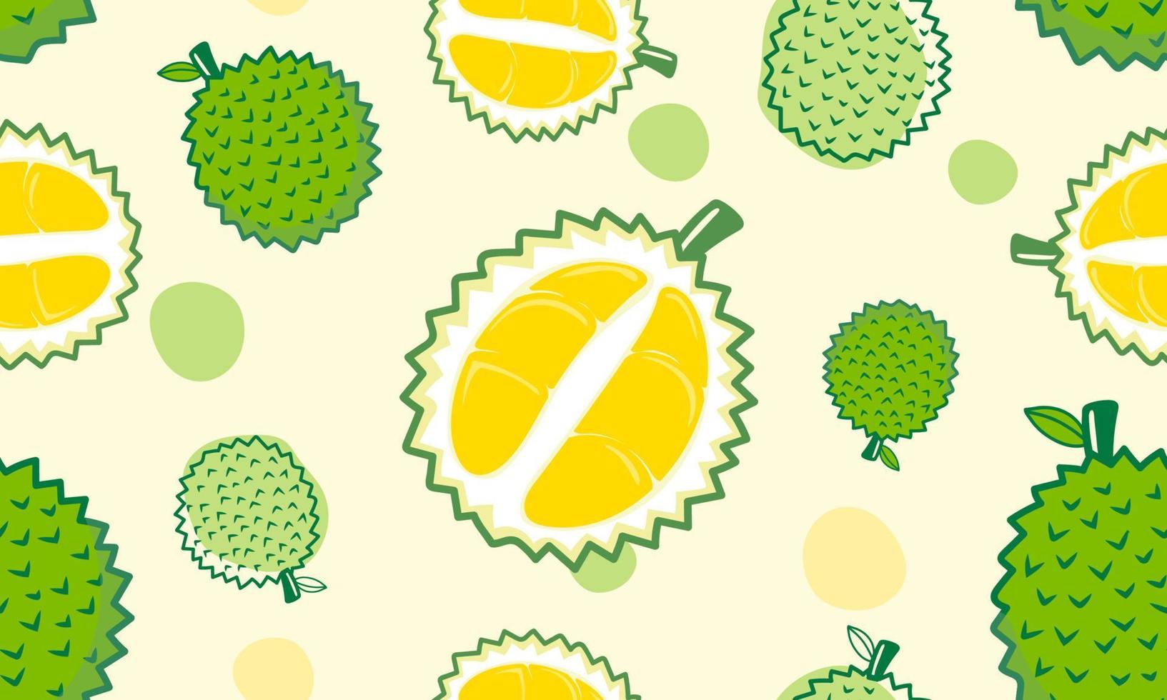 patrones sin fisuras lindas frutas durian y hojas aisladas sobre fondo amarillo pastel. ilustración vectorial vector