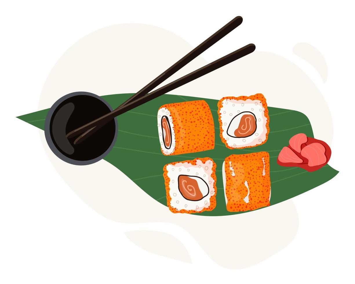 conjunto de platos tradicionales japoneses de rollos y sushi con mariscos. servido en una hoja de palma vector