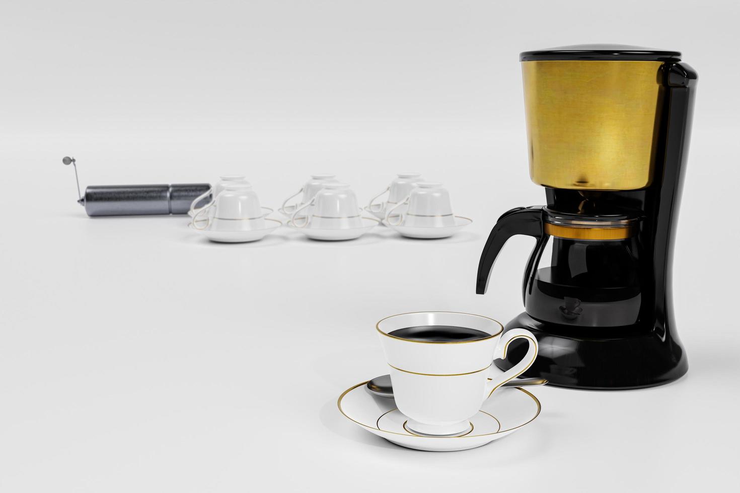 Black coffee in a white ceramic mug with gold rim and saucer. Black and gold espresso machine on white background and white wallpaper.3D Rendering photo