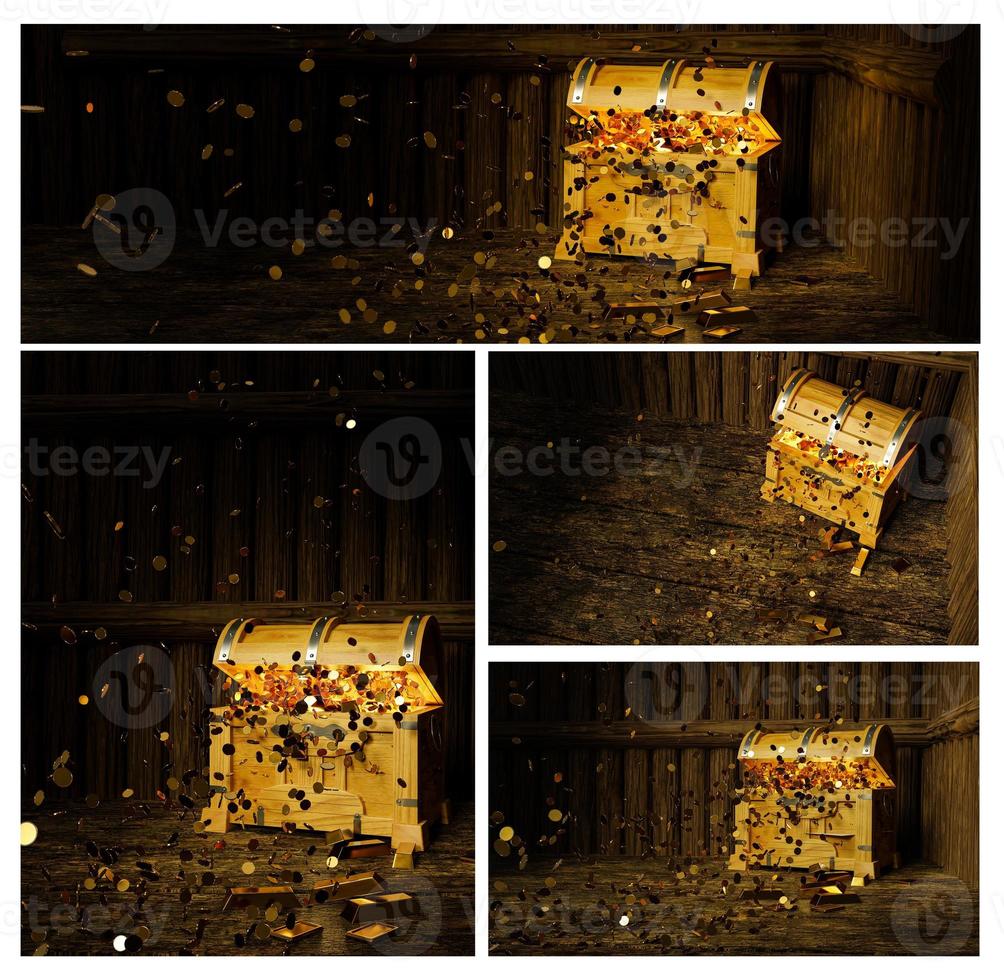 Numerous gold coins spilled out from the treasure chest. Old-style wooden treasure chest tightly assembled with rusted metal strips. Golden Coin and bar on floor. 3D Rendering photo