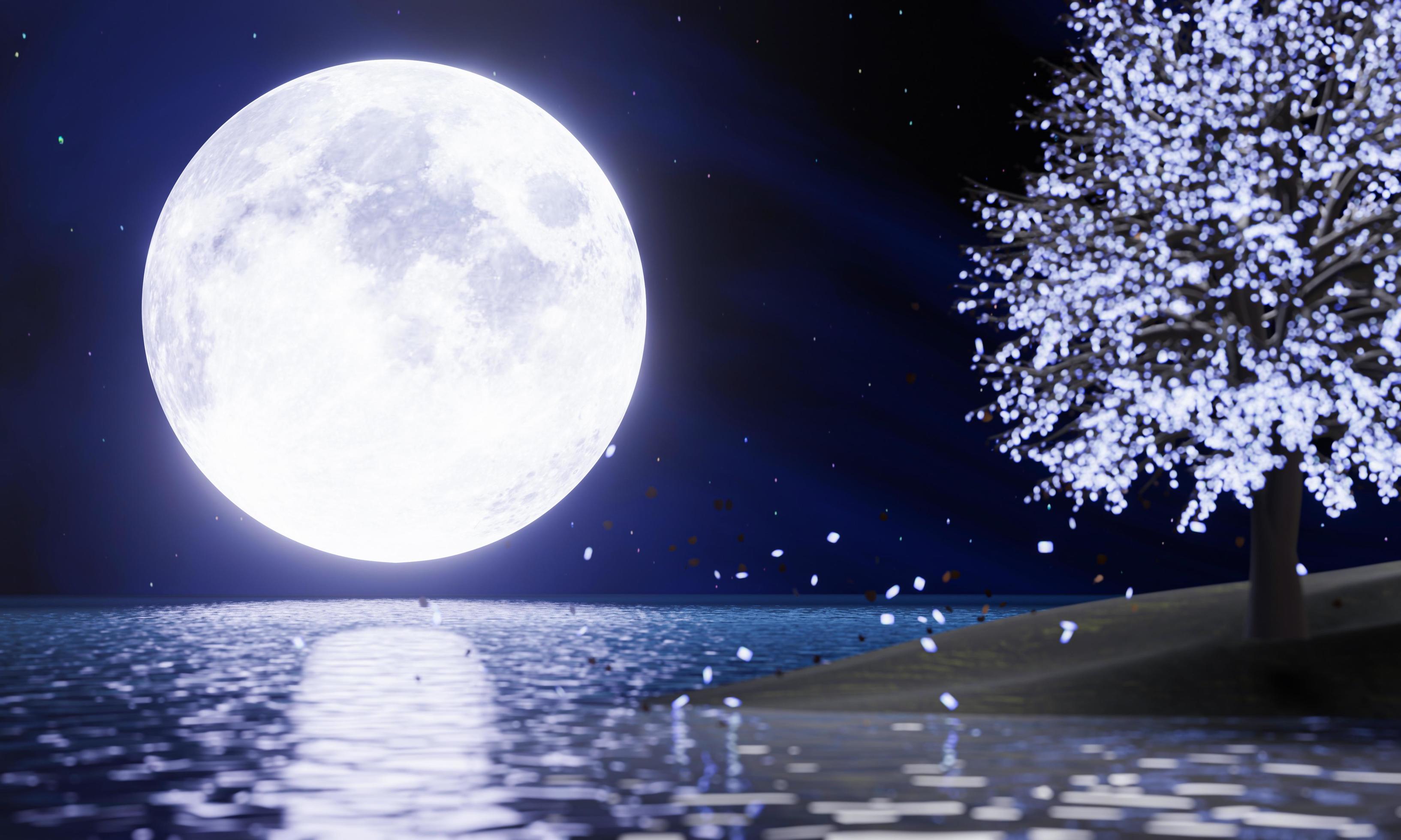 full blue moon In the night sky there are stars in the sky. Super Moon in  the middle of the sea with reflections on the water surface. Blurred  fantasy trees glowing leaves