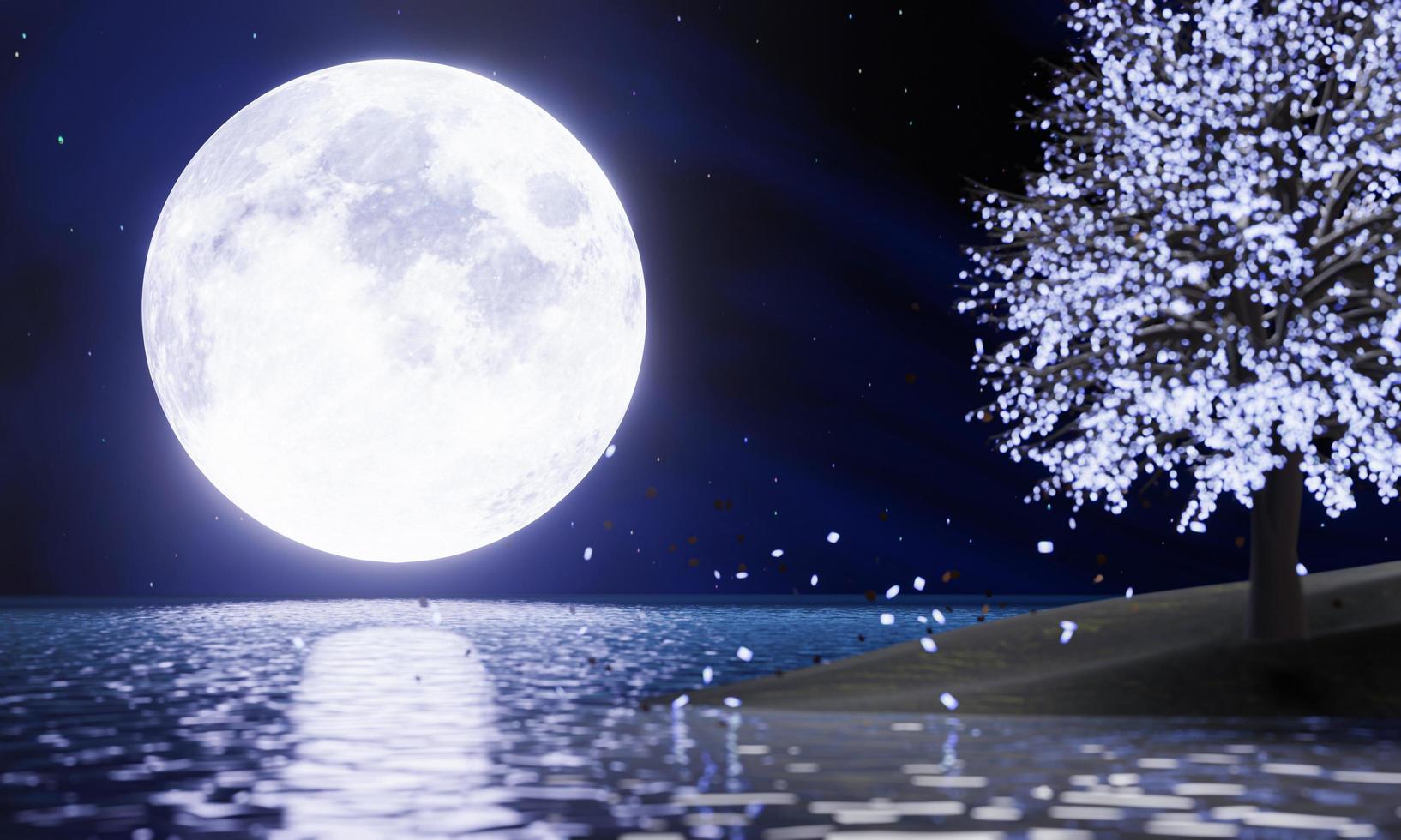 luna azul llena en el cielo nocturno hay estrellas en el cielo. super luna en medio del mar con reflejos en la superficie del agua. árboles de fantasía borrosas hojas brillantes están cayendo. representación 3d foto