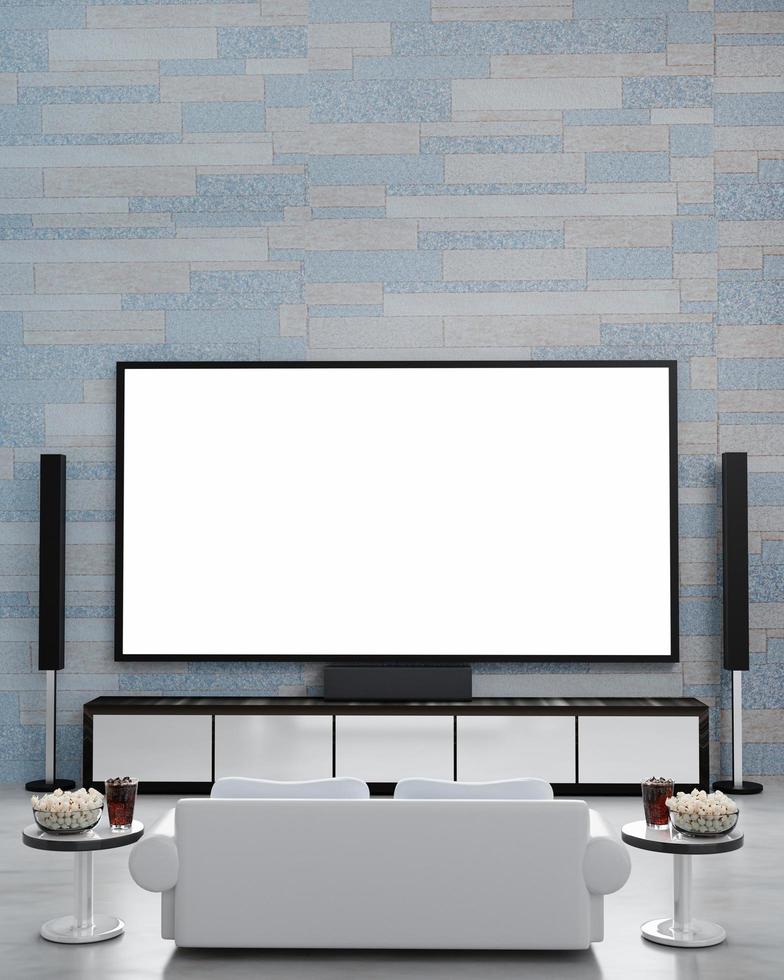 papel tapiz de patrón de mármol de ladrillo de cine en casa sin personas. tv de pantalla y equipo de audio para mini cine en casa. sofá cama blanco suelo de mármol. vaso transparente de cola y cubitos de hielo con palomitas de maíz. representación 3d foto