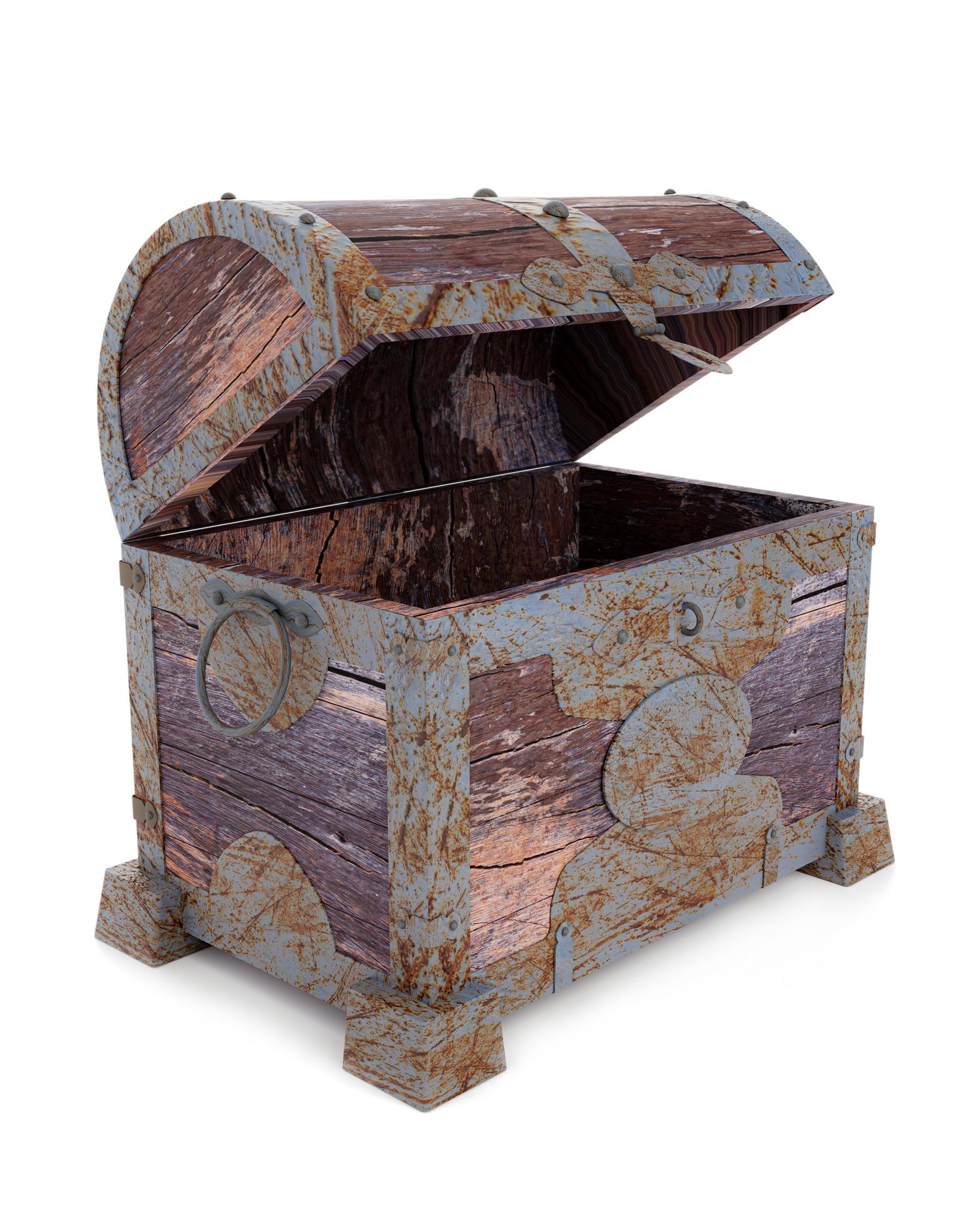 Old and broken vintage pirate treasure chest. Rotten and broken. For