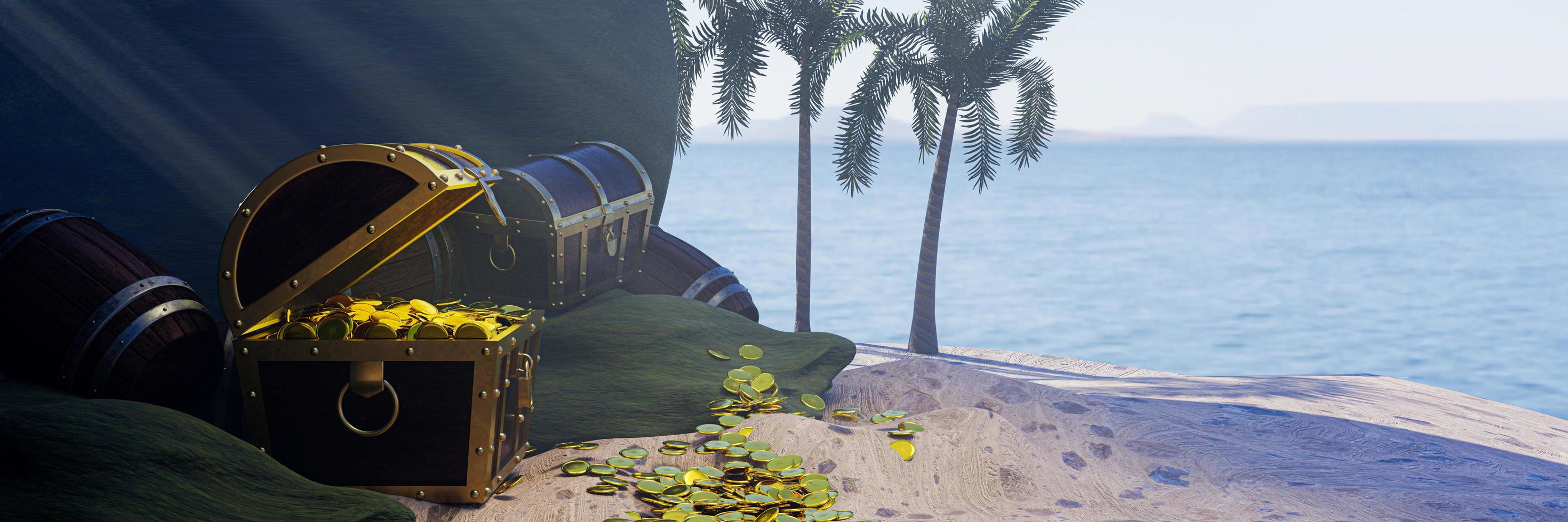 Gold coins are scattered from boxes or treasure chests. wooden treasure chest put on the beach at a deserted island in the theme of Pirate treasure. 3D rendering photo