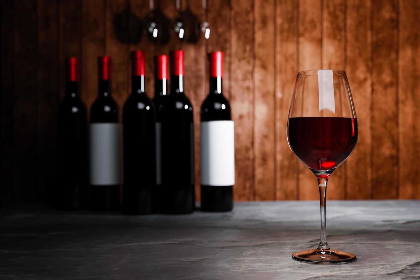 vino tinto en vidrio transparente, muchos fondos borrosos de botellas de vino lo colocan en un suelo de cemento con una pared de madera. el concepto de producción de degustación de bodega.representación 3d foto