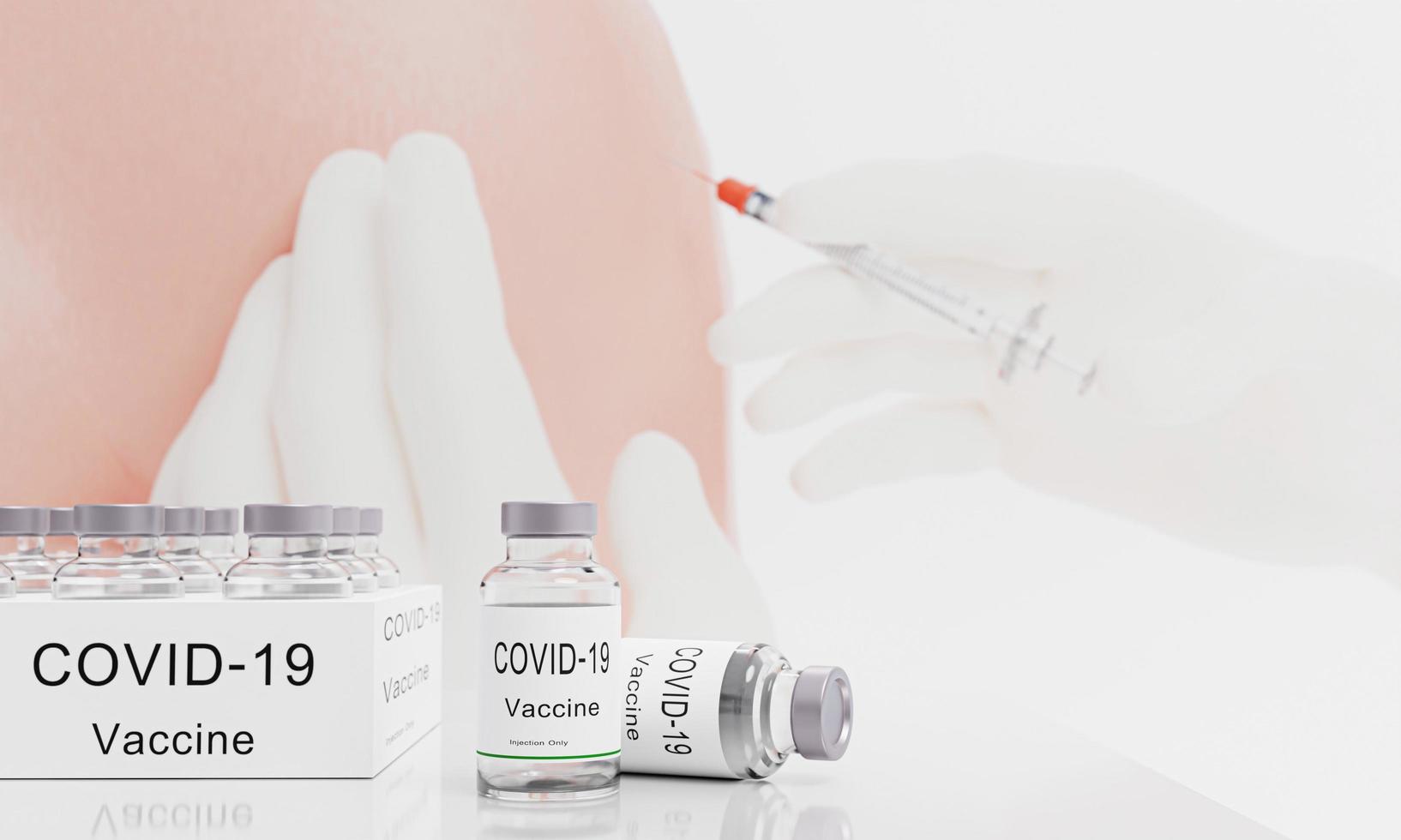 Vaccination vial for protection against Covid-19 or coronavirus. Blur medical worker in white rubber gloves holds Syringe and Vaccine.  Prepare to inject into the shoulder or upper arm. 3D Rendering photo