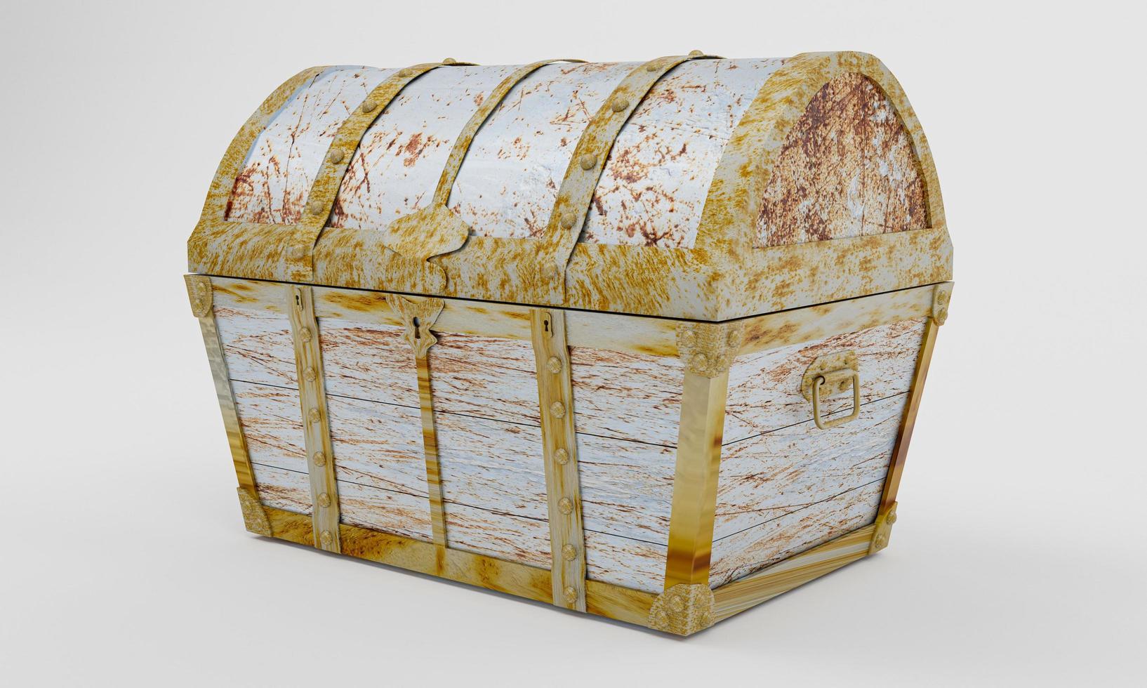 Rusty old treasure box or wooden treasure chest. Isolated on white background and wallpaper. 3D Render. photo