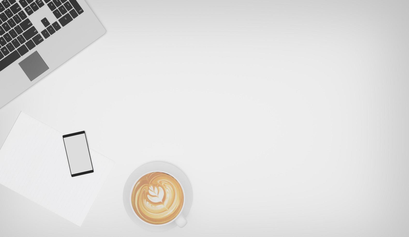 White office desk table with laptop computer, cup of latte art coffee and smartphone. Top view with copy space, flat lay. 3D Rendering. photo