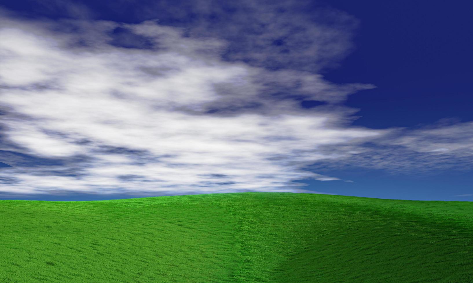 cielo azul y hermosa nube con pradera y sol. fondo de paisaje llano para el cartel de verano. la mejor vista para vacaciones. imagen de campo de hierba verde y cielo azul con nubes blancas. procesamiento 3d foto