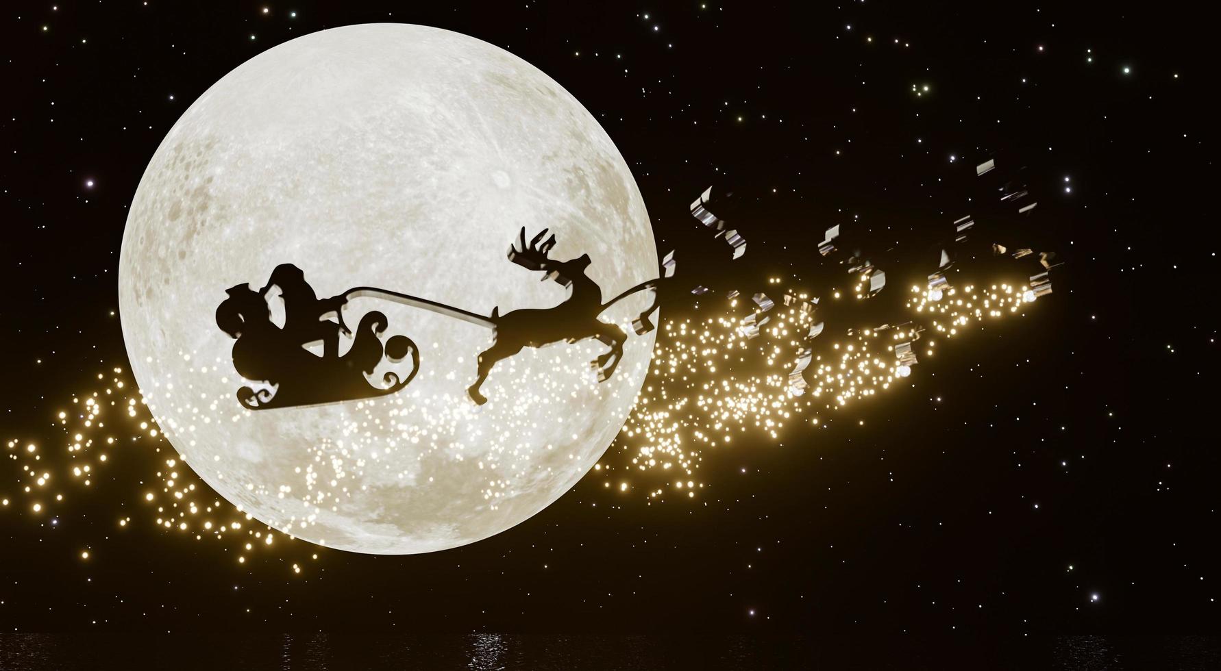 silueta santa y renos con brillo mágico dorado volando en el cielo oscuro con luna llena y muchas estrellas. concepto para la víspera de Navidad. foto