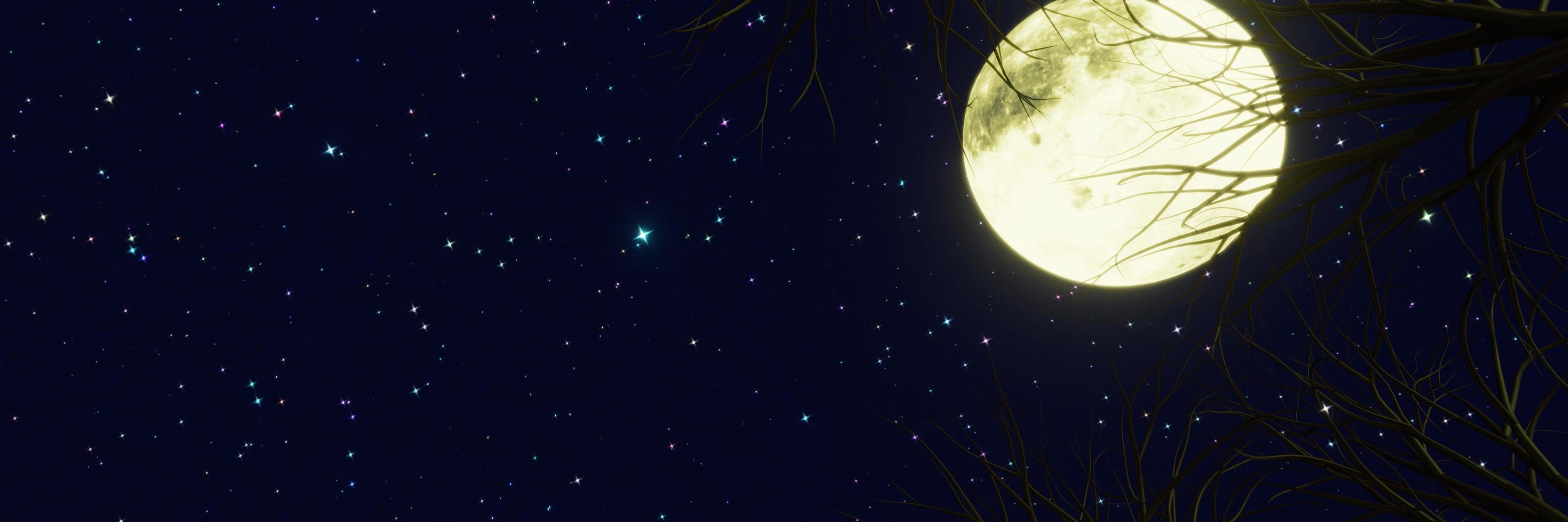 Night sky With stars twinkling in the sky And the bright yellow full moon was cloudless. The scene looked up high in the sky. 3D Rendering photo