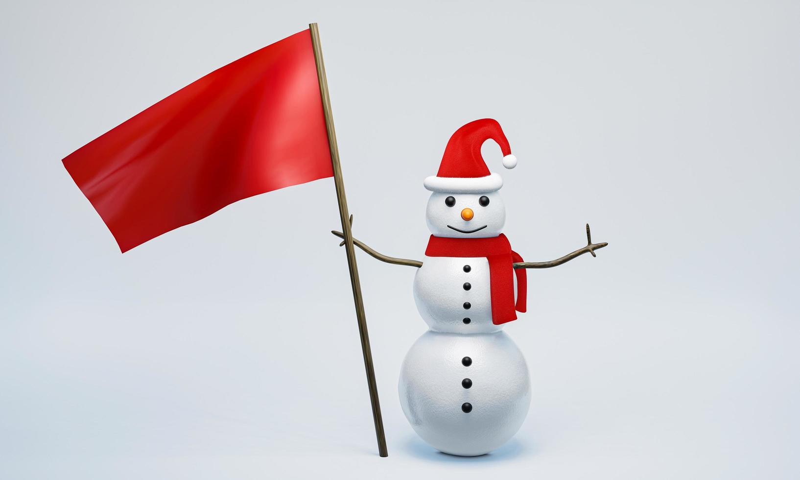 Snowman wearing red wool hats with white fur. Wrap it up with a red scarf. Arms made with branches placed on the ground and white wallpaper. 3d rendering. photo