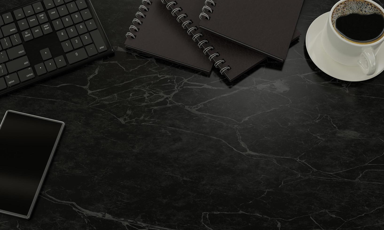 el escritorio de la oficina tiene artículos como teclados, libros, tazas de café negras y teléfonos inteligentes. el cuaderno está hecho de polipiel gris. tapa de libro de cuero troquelado en el lomo. representación 3d foto
