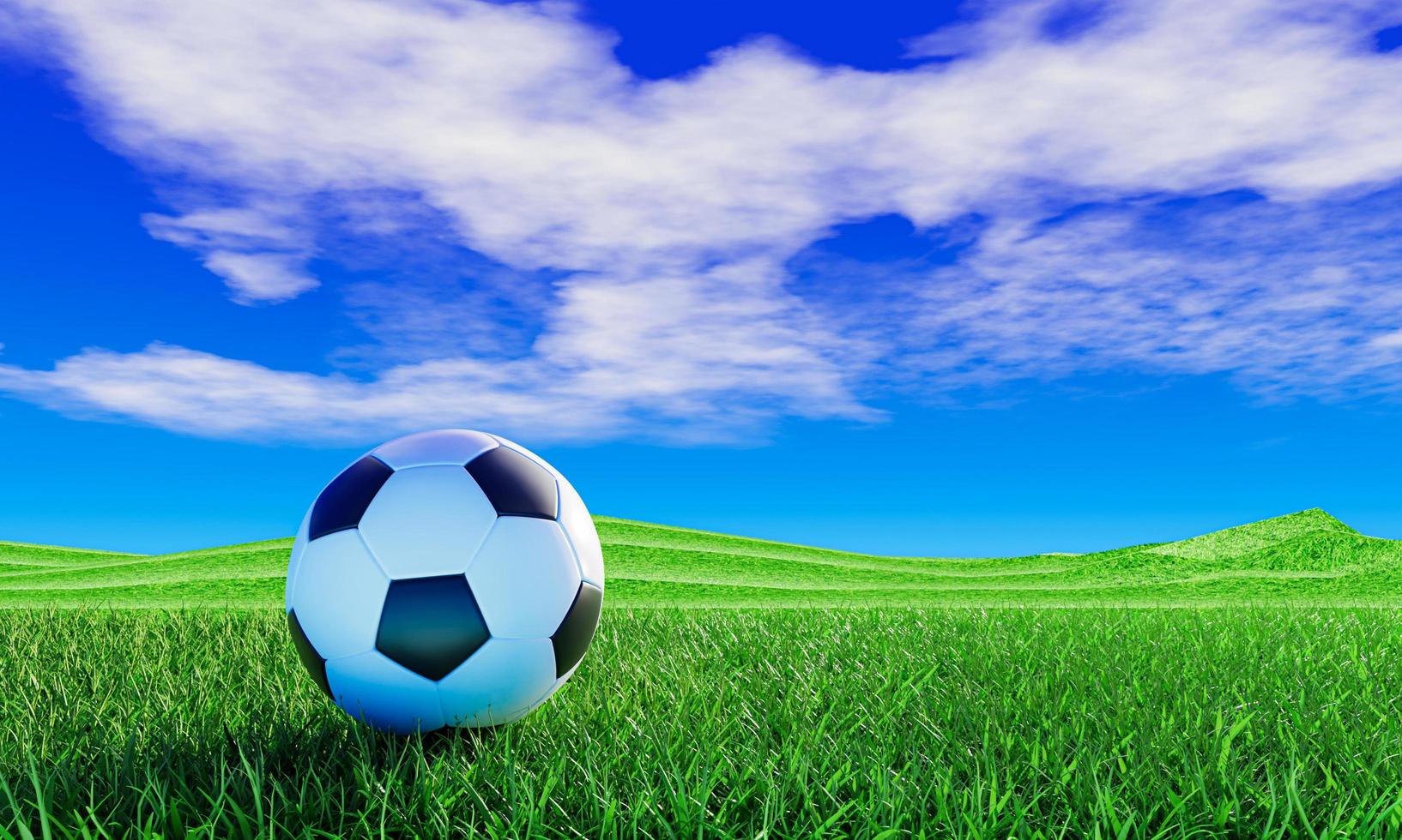 Realistic soccer ball or football ball basic pattern on a green grass field. A vast bright green grass field or lawn with blue sky and white clouds. 3D Rendering. photo