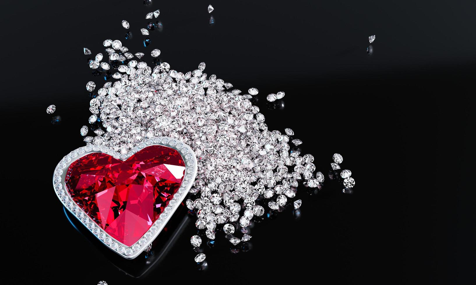 A red diamond or a large ruby in the shape of a heart, a symbol of love or Valentine's Day. A red diamond is placed on a pile of small diamonds. On the black reflection. 3D Rendering. photo