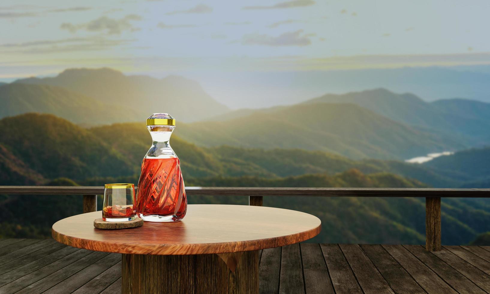 whisky o brandy en una botella transparente con diseño en espiral y un vaso transparente colocado sobre corteza de árbol o corteza de árbol. paisaje con pinos y montañas por la mañana. está amaneciendo. representación 3d foto