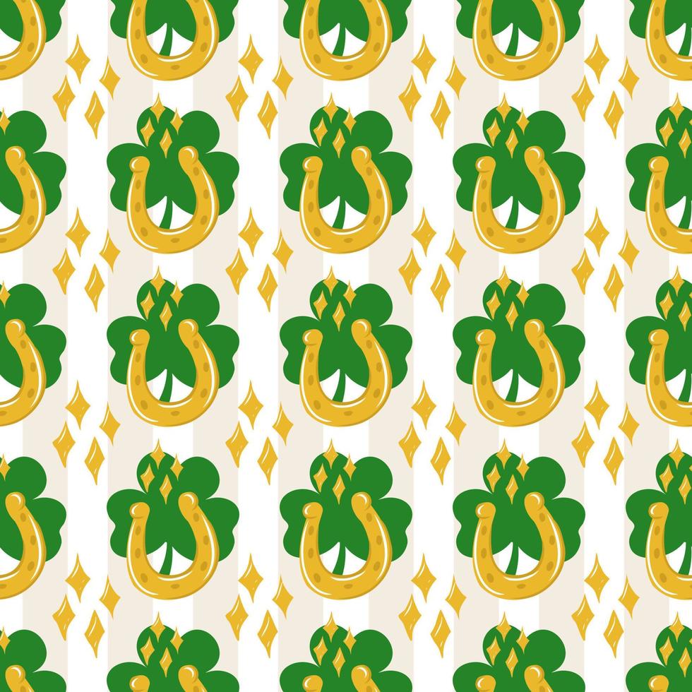 Seamless St. Patrick's Day pattern of Irish symbols. Green clover leaf and other hand drawn elements vector
