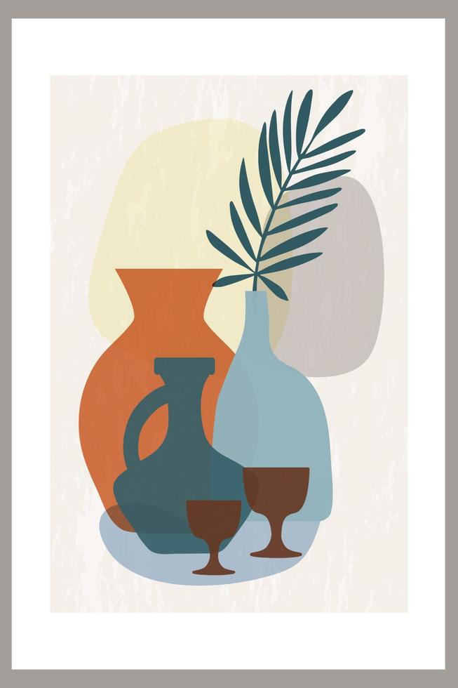plantilla con composición abstracta de formas simples. hojas de palmeras tropicales en un jarrón. estilo collage, minimalismo. colores pasteles tierra vector