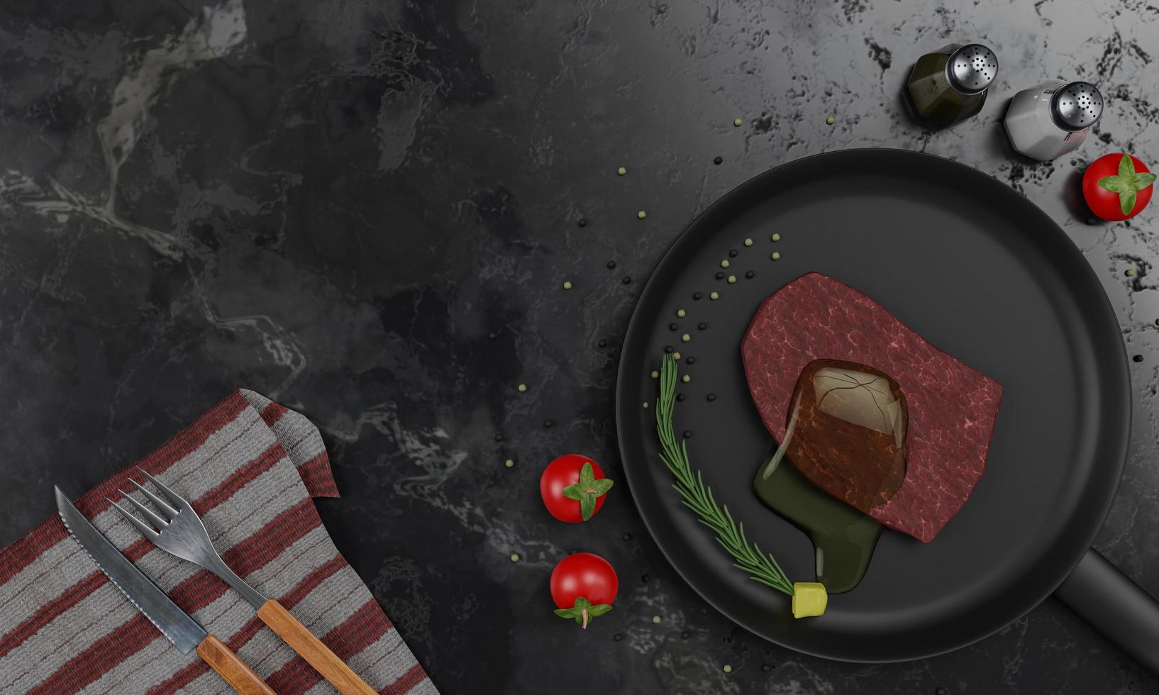 Fresh beef for steaks With olive oil on top Place on a Teflon pan. Seasoning of white pepper and black pepper, decorated with cherry tomatoes. Black Marble Table There is a knife and fork. photo