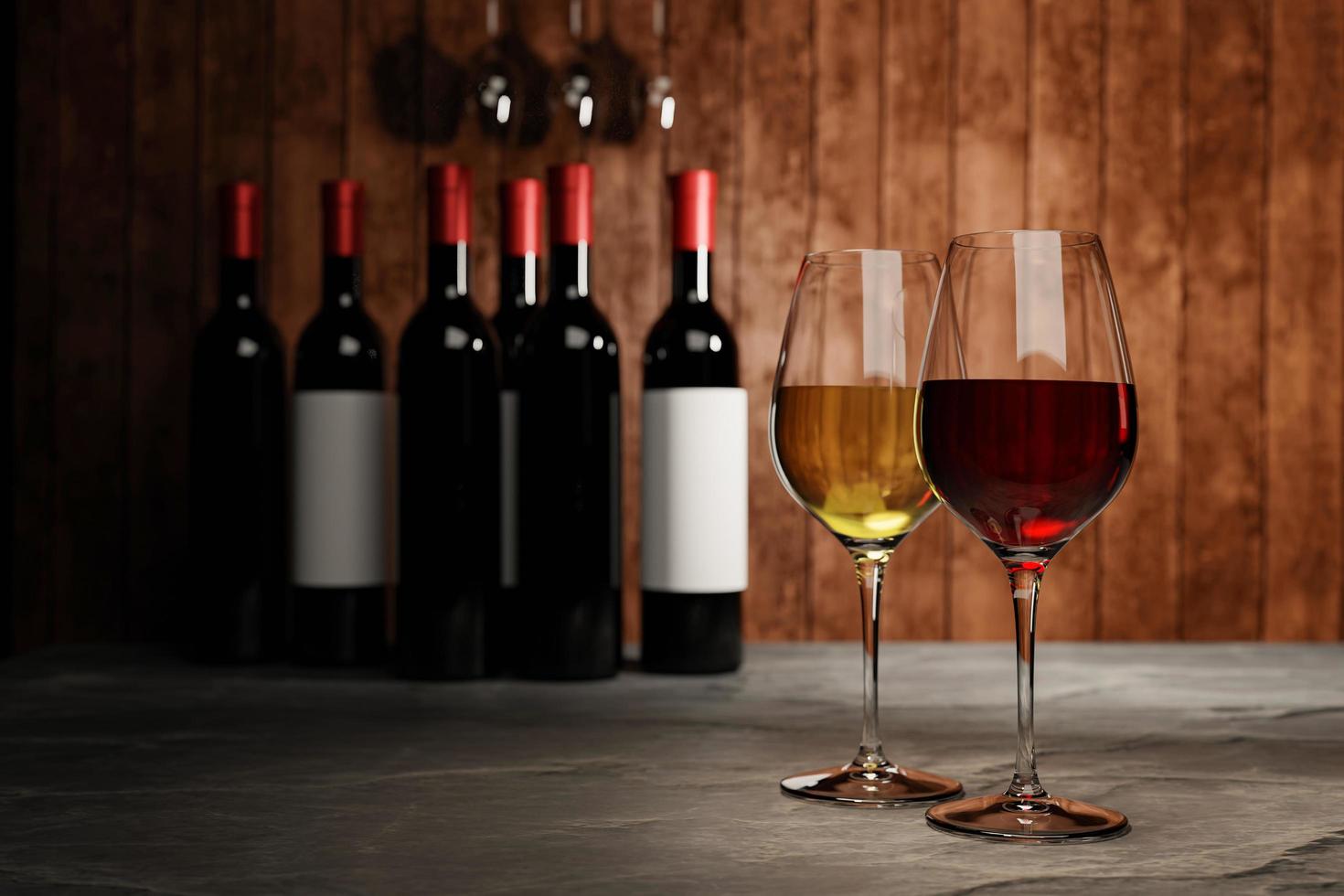 vino tinto y blanco en vidrio transparente, muchos fondos borrosos de botellas de vino lo colocan en un suelo de cemento con una pared de madera. el concepto de producción de degustación de bodega.representación 3d foto