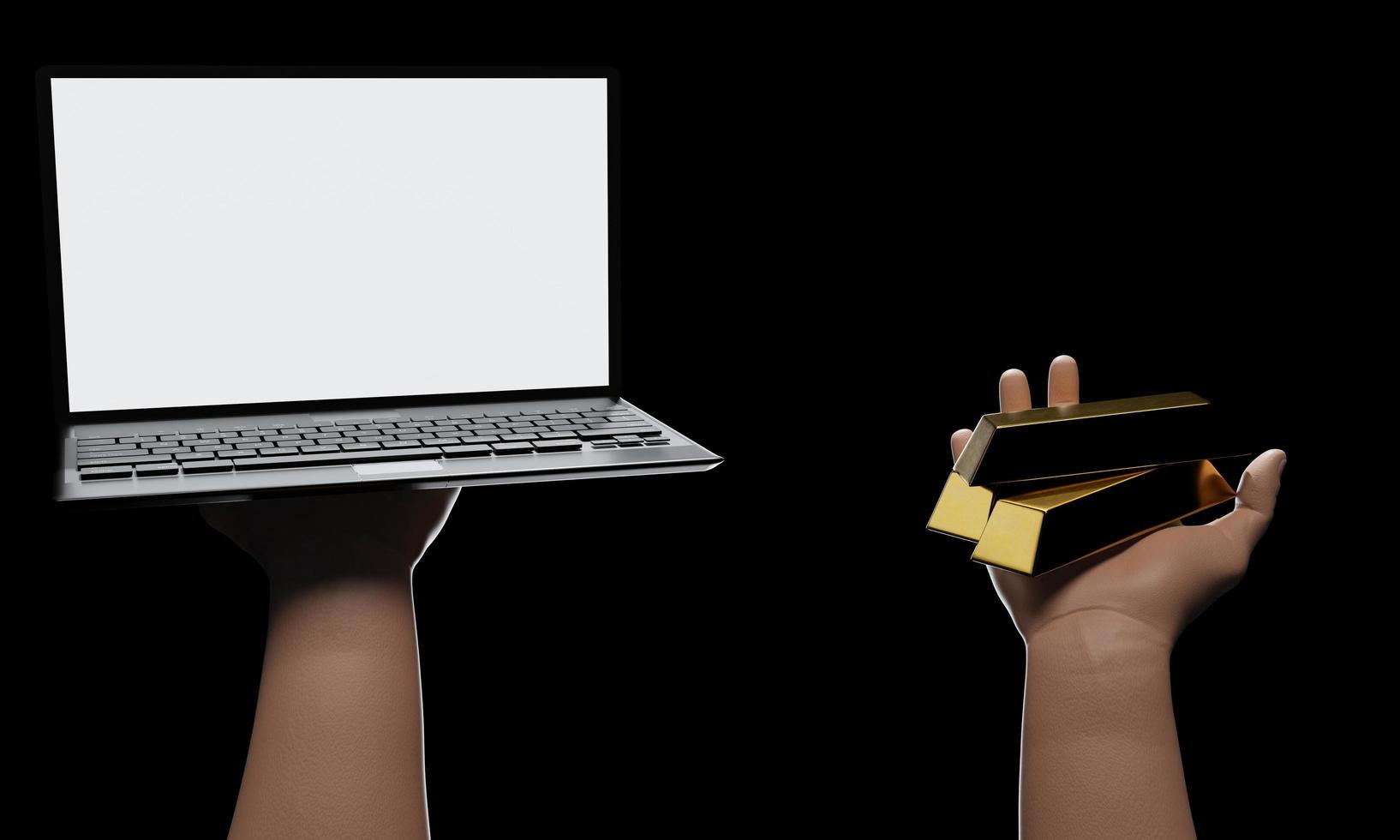 Gold bar on the right hand. Computer or Laptop white screen blank on left hand. Black background with light shining from behind. 3D Rendering photo