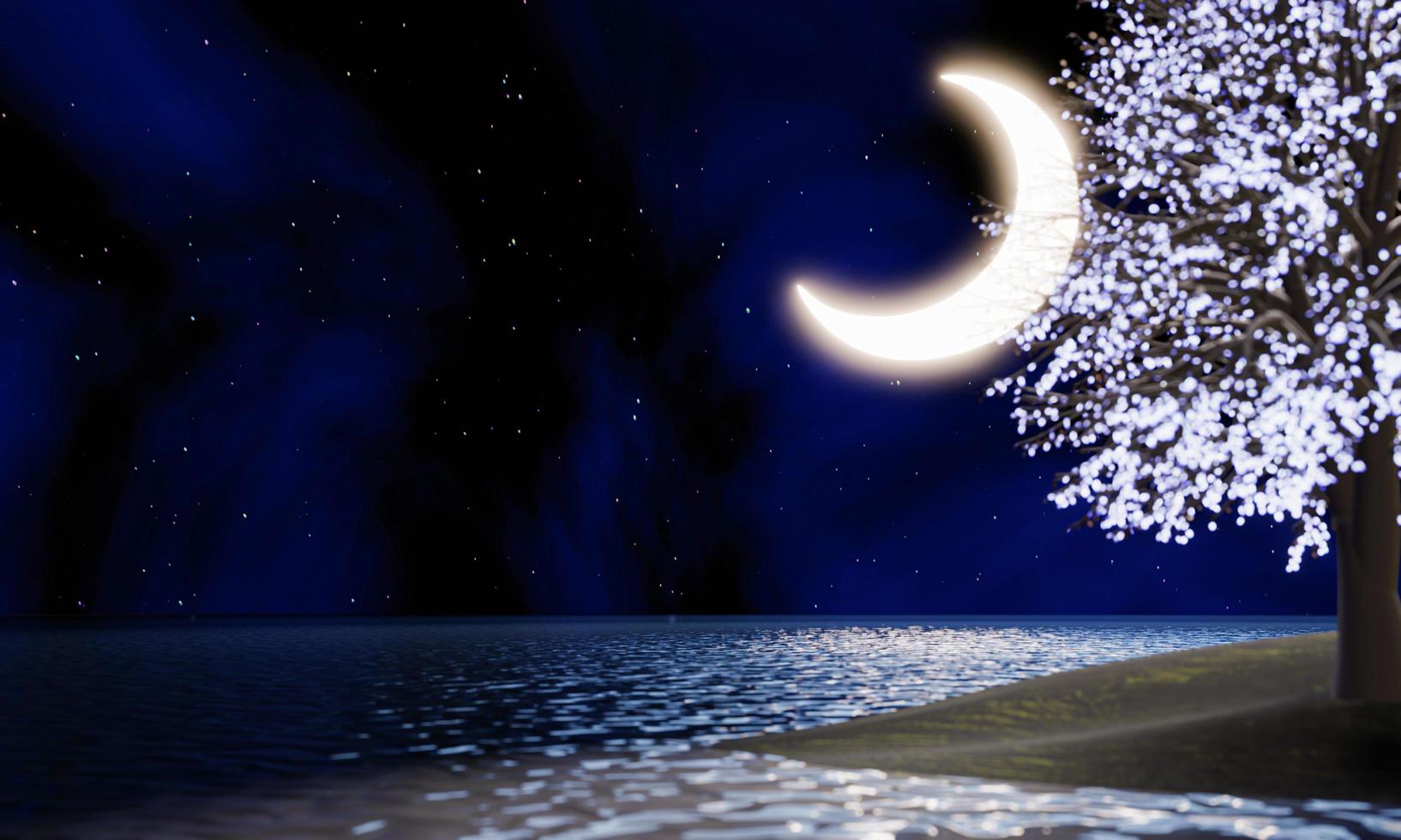 crescent moon In the night sky there are stars in the sky. Super Moon in the middle of the sea with reflections on the water surface. Blurred fantasy trees glowing leaves are falling. 3D rendering photo