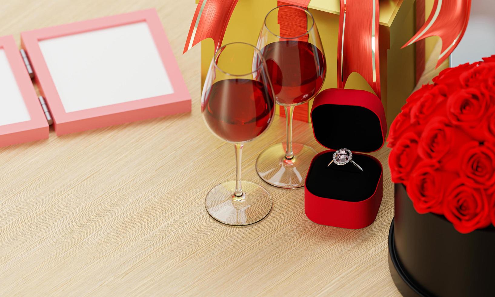 Celebrating love propose a diamond ring and a large bouquet of red diamonds Luxury gift box Red wine in Glass A blank photo frame. Blank white tablet screen is placed on Wood-grain table. 3D Rendering
