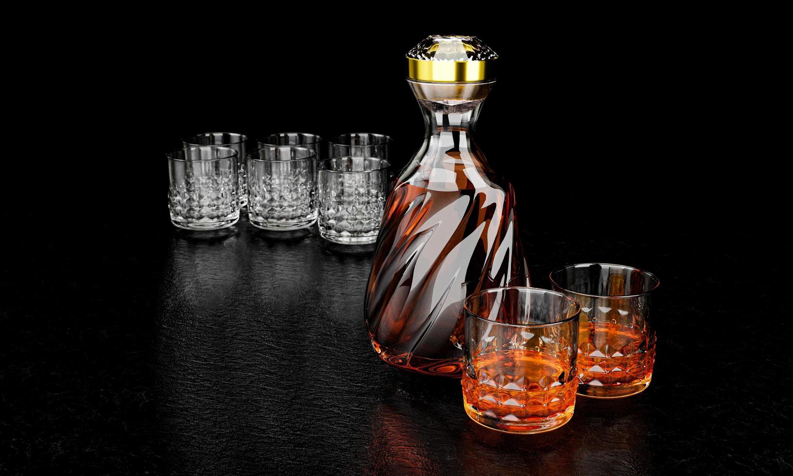 The bottle and glass have an elegant pattern for brandy or whiskey. The glass bottle has a diamond-shaped cork. The bottle and the glass are crystal-patterned with a black background and a black photo