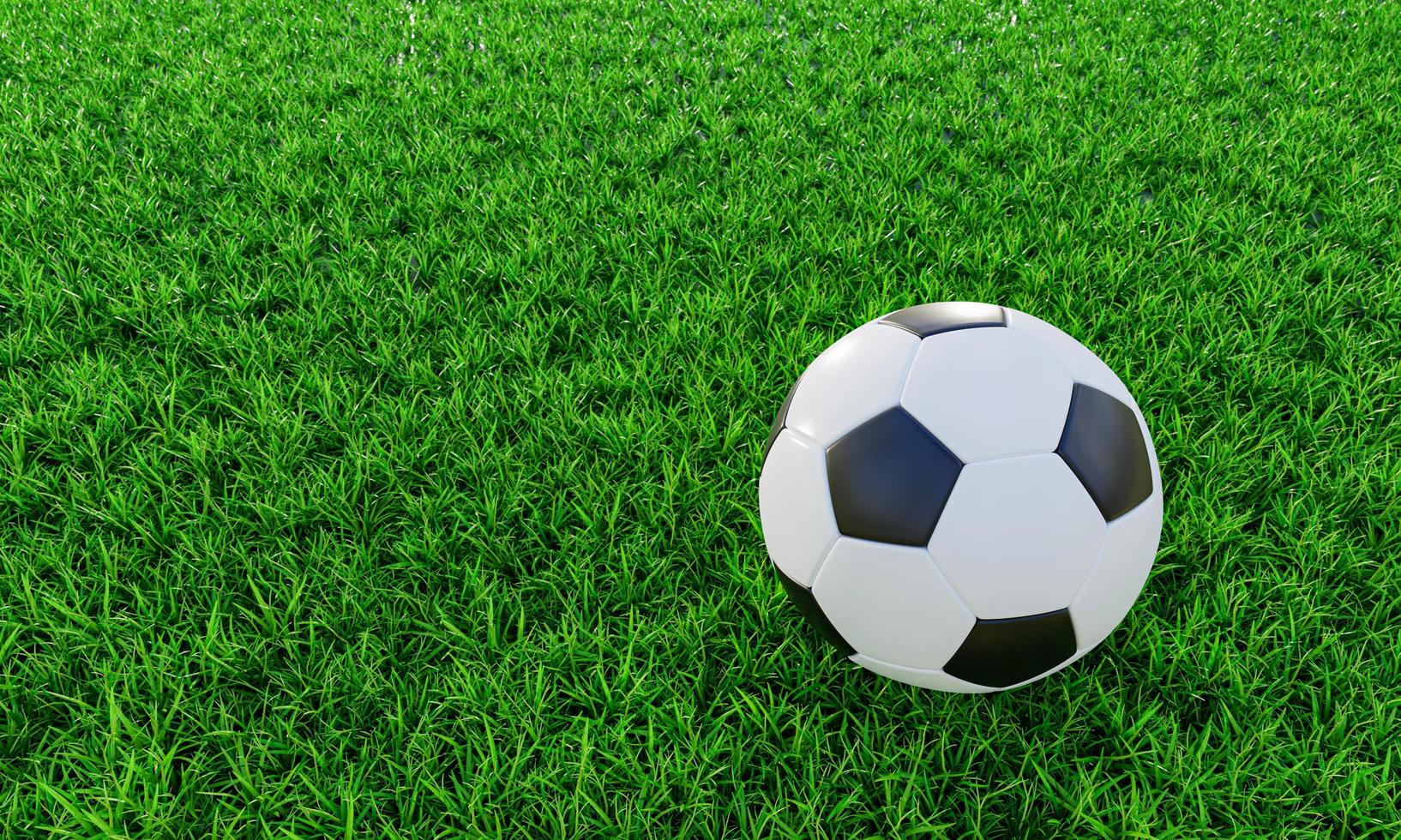 Realistic soccer ball or football ball basic pattern  on  green grass field. 3d Style and rendering concept for game. Use for background or wallpaper. photo