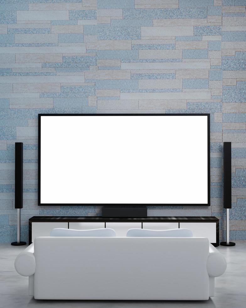 papel tapiz de patrón de mármol de ladrillo de cine en casa sin personas. Tv de pantalla y equipo de audio para mini cine en casa en salón. sofá cama blanco en el suelo de mármol. representación 3d foto