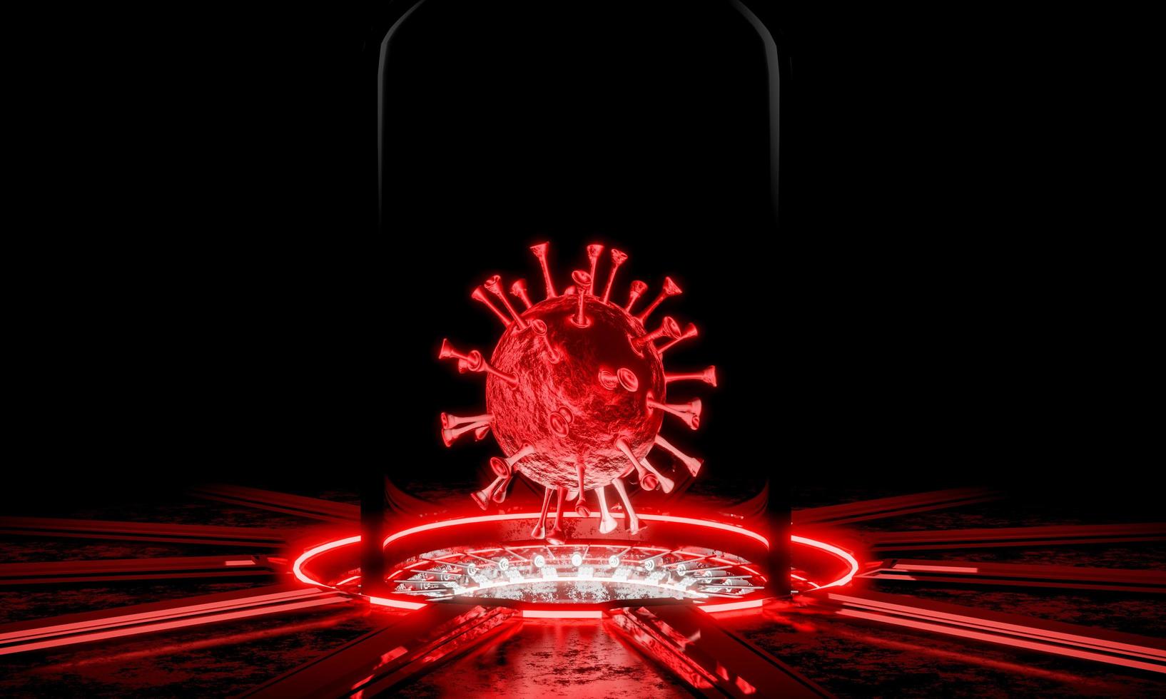 Coronavirus model COVID-19. Experiment to create a virus in the sci-fi movie scene. Power charging stand and red fluorescent test tube. 3D Rendering photo