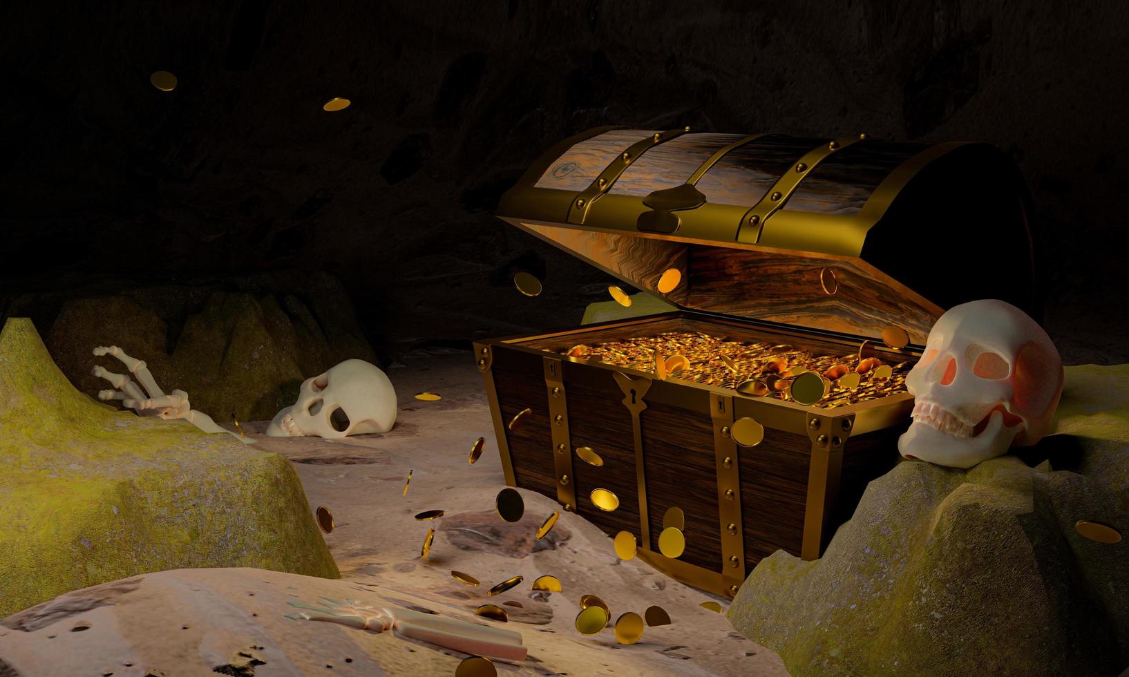 Golden Coins in the Ancient and vintage treasure chest made of wooden panels Reinforced with gold metal and gold pins Treasure boxes placed on the sand in a cave or treasure chest underwater photo