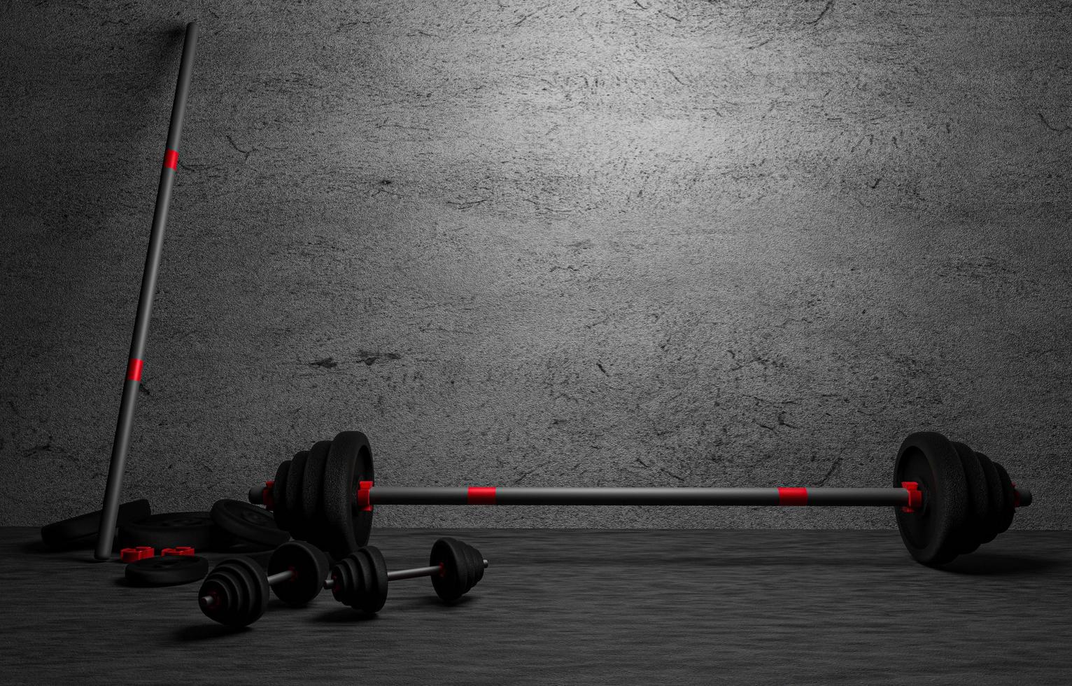 dumbbells  and Barbells color black in fitness room at home. Gray Plaster and dirty old wall. Fitness equipment for workout in Gym.Barbell with weights plate on floor. 3D rendering photo