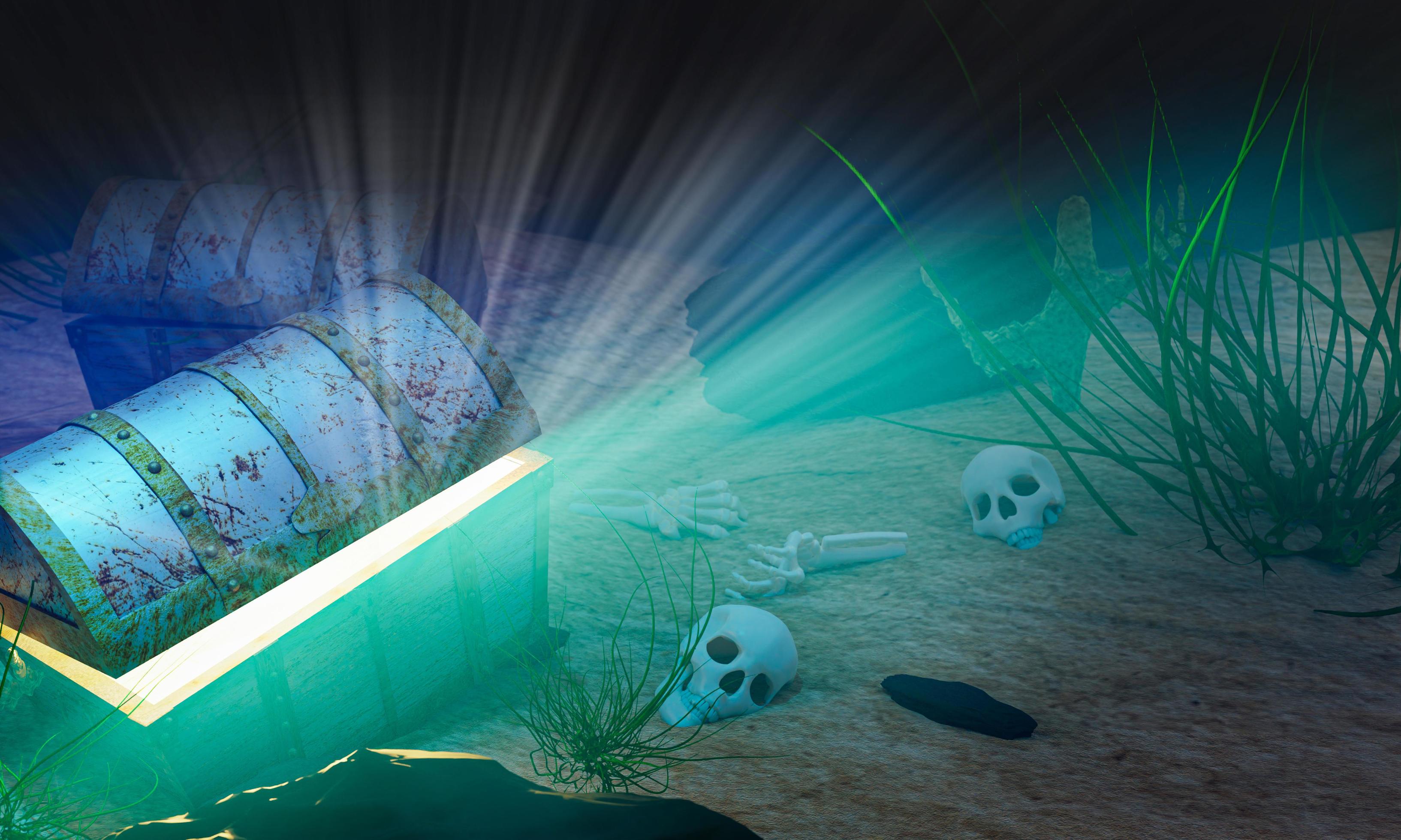 The old treasure chest sunk under the sea. The light shone out of the