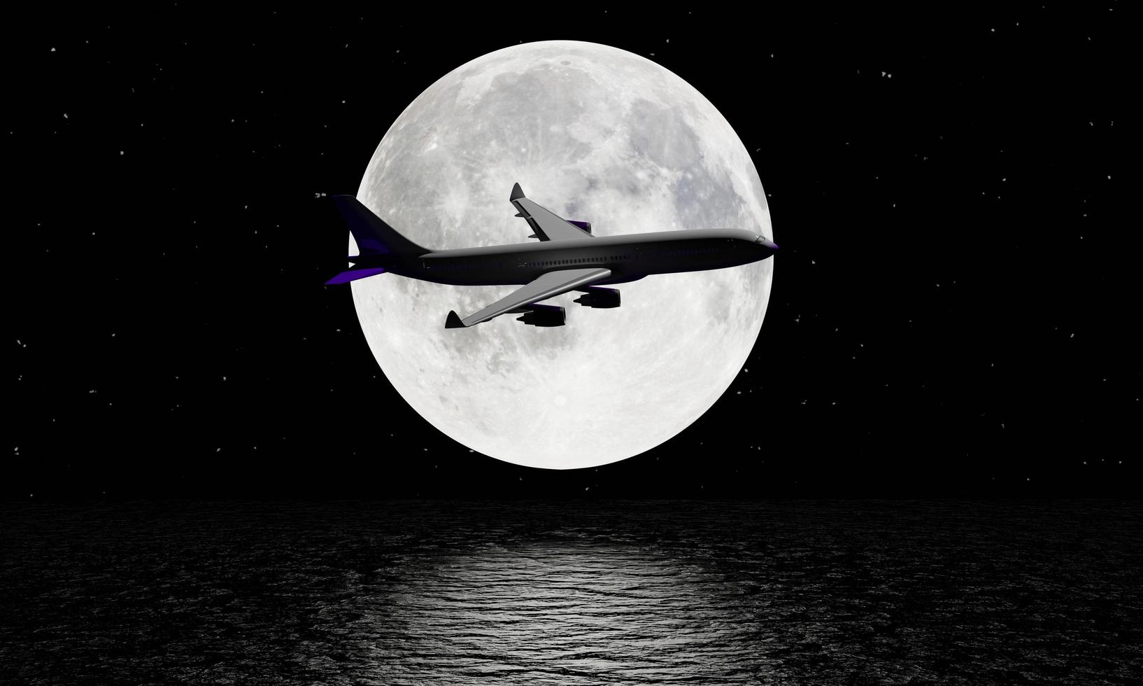 silhouette of white passenger plane Flew past the full moon and the stars full of sky. The plane flew past the sea surface. The full moon is reflected on the surface of the sea. 3D Rendering photo