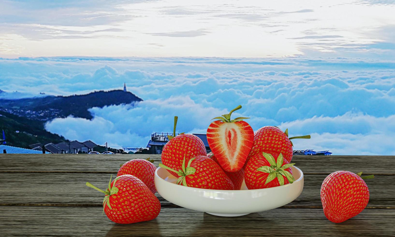 Bright red strawberries in white ceramic cup Place it on the floor of a wooden table. The background is the morning mist Before sunrise 3D Rendering photo