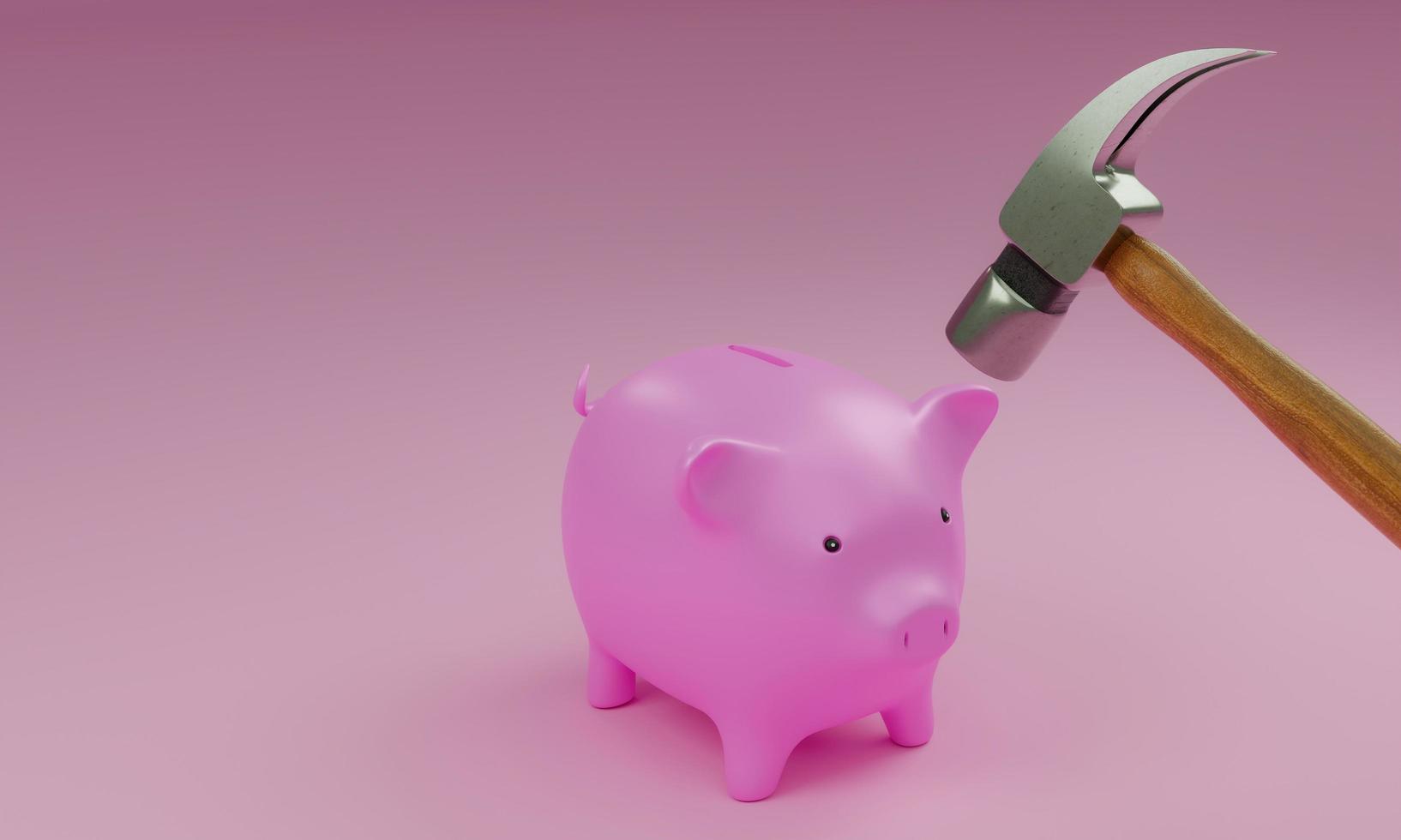 Pink piggy bank Will be smashed with a metal hammer, wooden handle. Pastel pink background. 3D Rendering photo