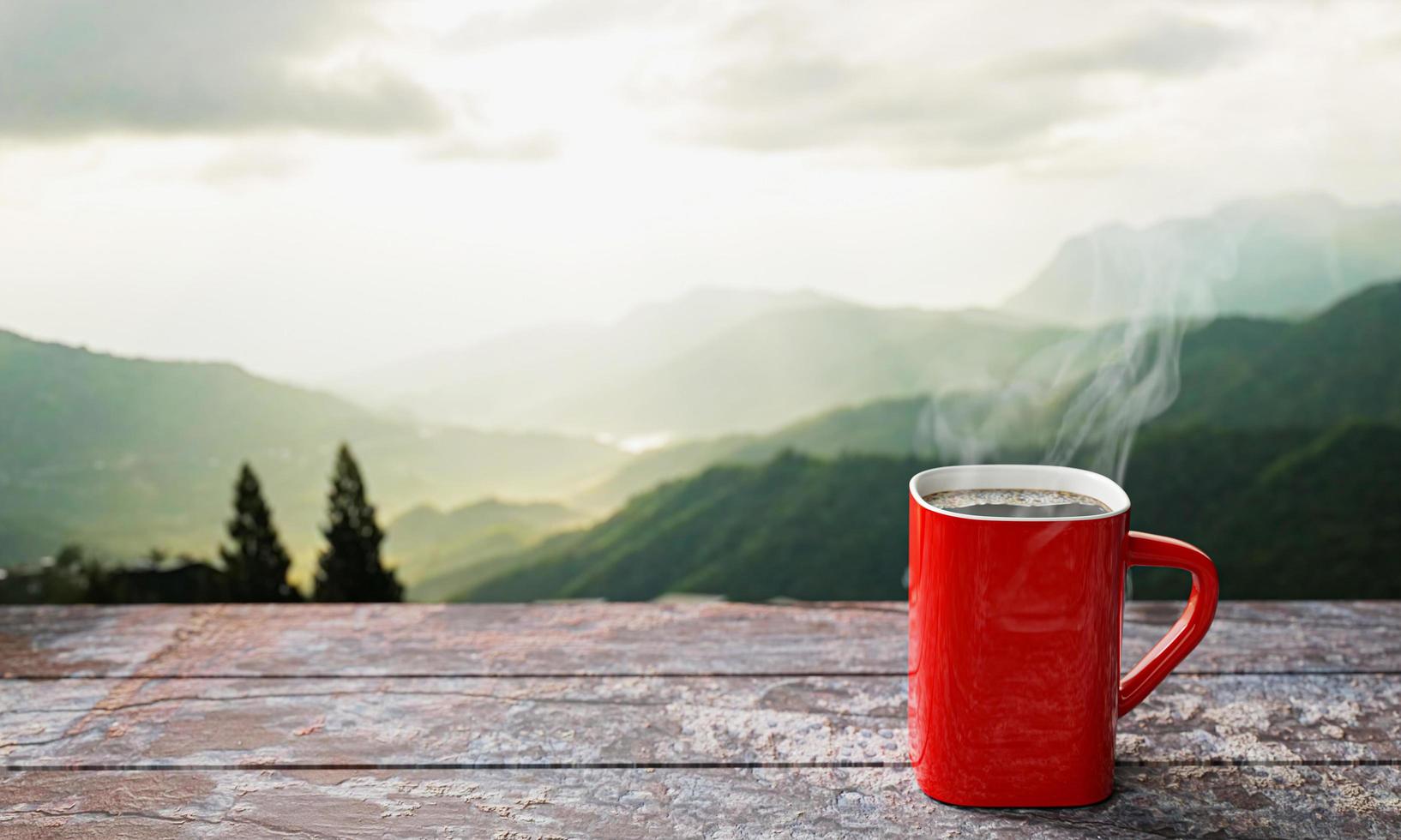 freshly brewed coffee or espresso into a red cup and coffee mug. Hot coffee in a mug placed on the tabletop or wooden balcony. Morning mountain view, morning sunshine. 3D Rendering photo