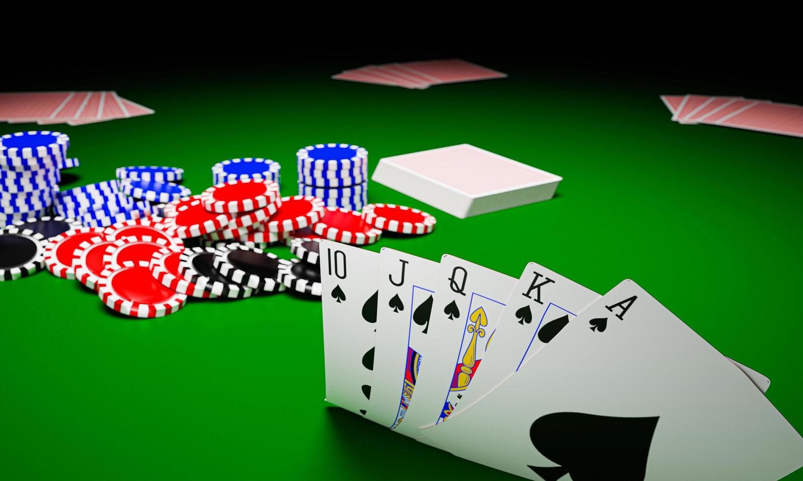 la cara de la carta de escalera real en el juego de póquer en un casino o en las cartas de juego en línea y apuesta con fichas en lugar de efectivo. all in con todas las apuestas. representación 3d foto