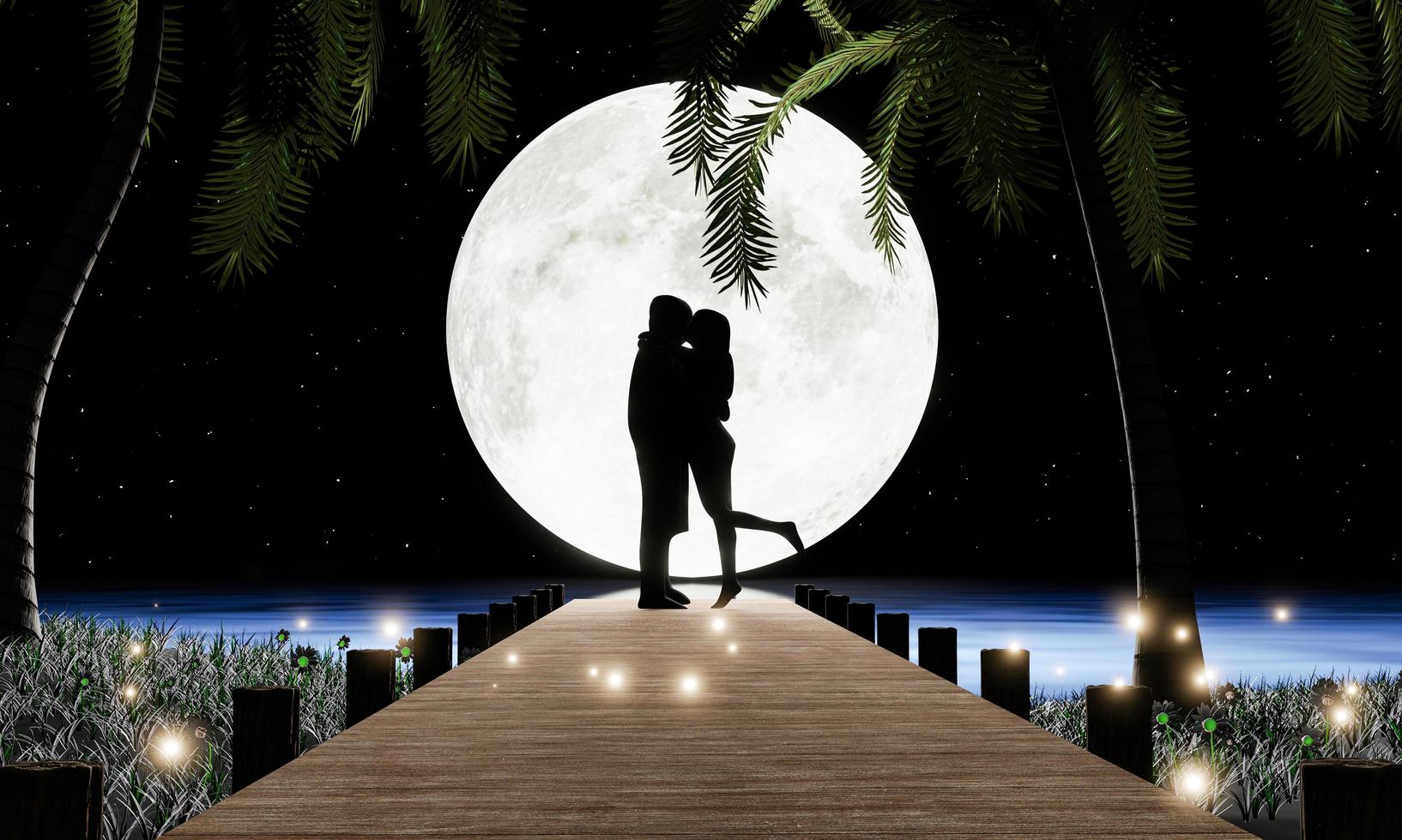 pareja silueta amor abrazos y besos románticos en un puente de madera que se adentra en el mar. super luna llena en el mar y la playa es un puente de madera que atraviesa cocoteros en la isla. representación 3d foto