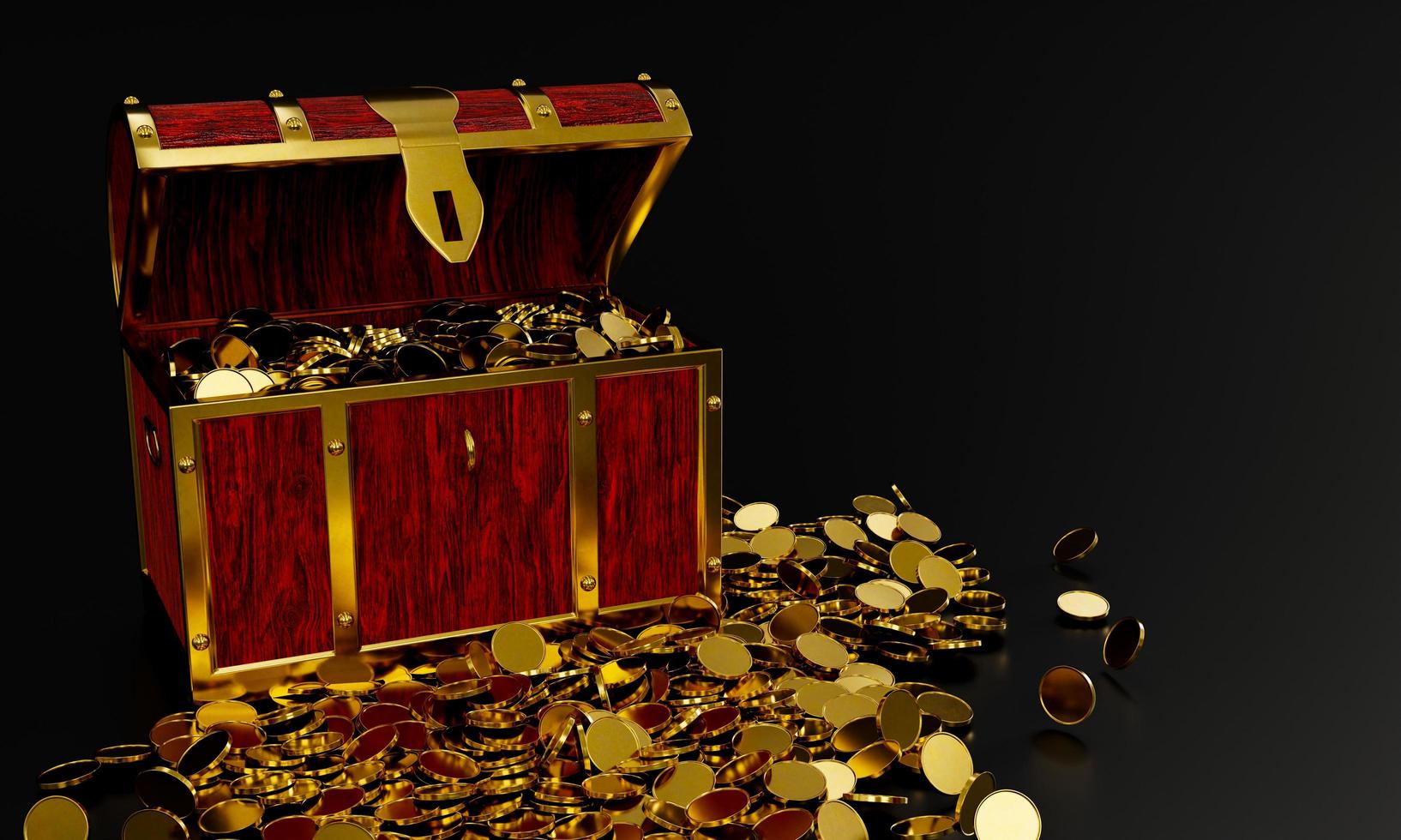 Numerous gold coins spilled out from the treasure chest. Old-style wooden treasure chest tightly assembled with rusted metal strips. 3D Rendering photo