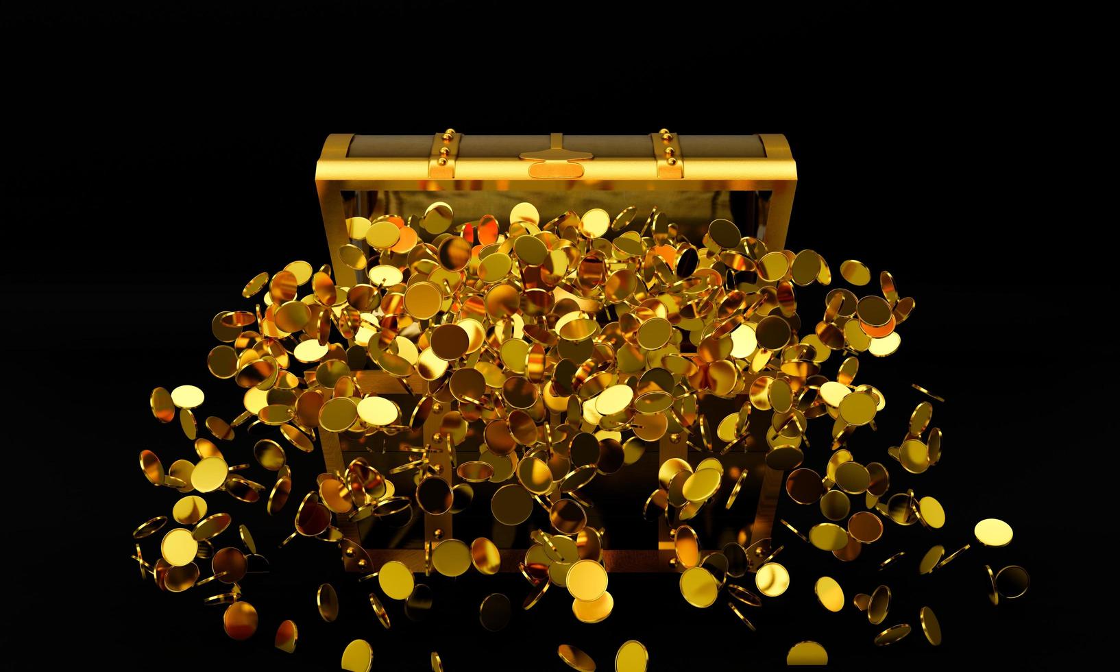 muchos distribuyen monedas de oro que volaron del cofre del tesoro. un cofre del tesoro hecho de oro, lujoso, caro. un antiguo cofre del tesoro abierto con monedas de oro expulsadas. representación 3d foto