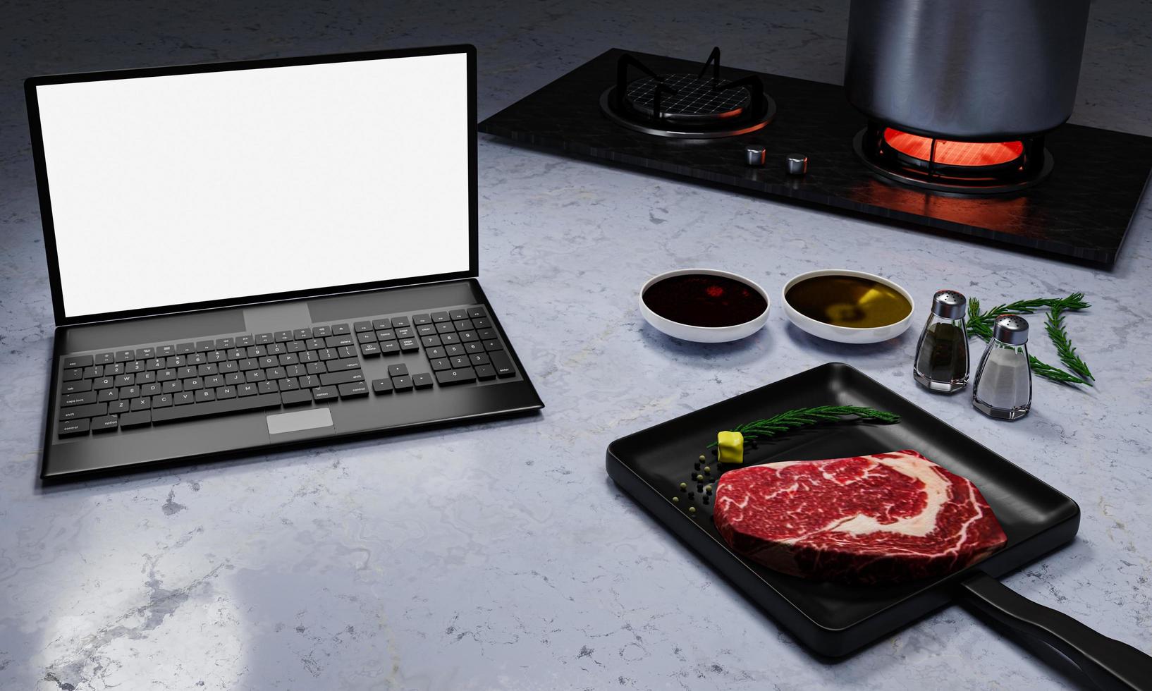 Learn to cook online. How to cook food and recipes from the internet. Meat for cooking steak on the pan. There is butter and pepper. Computer or Laptop for studying online in the kitchen. 3D Rendering photo