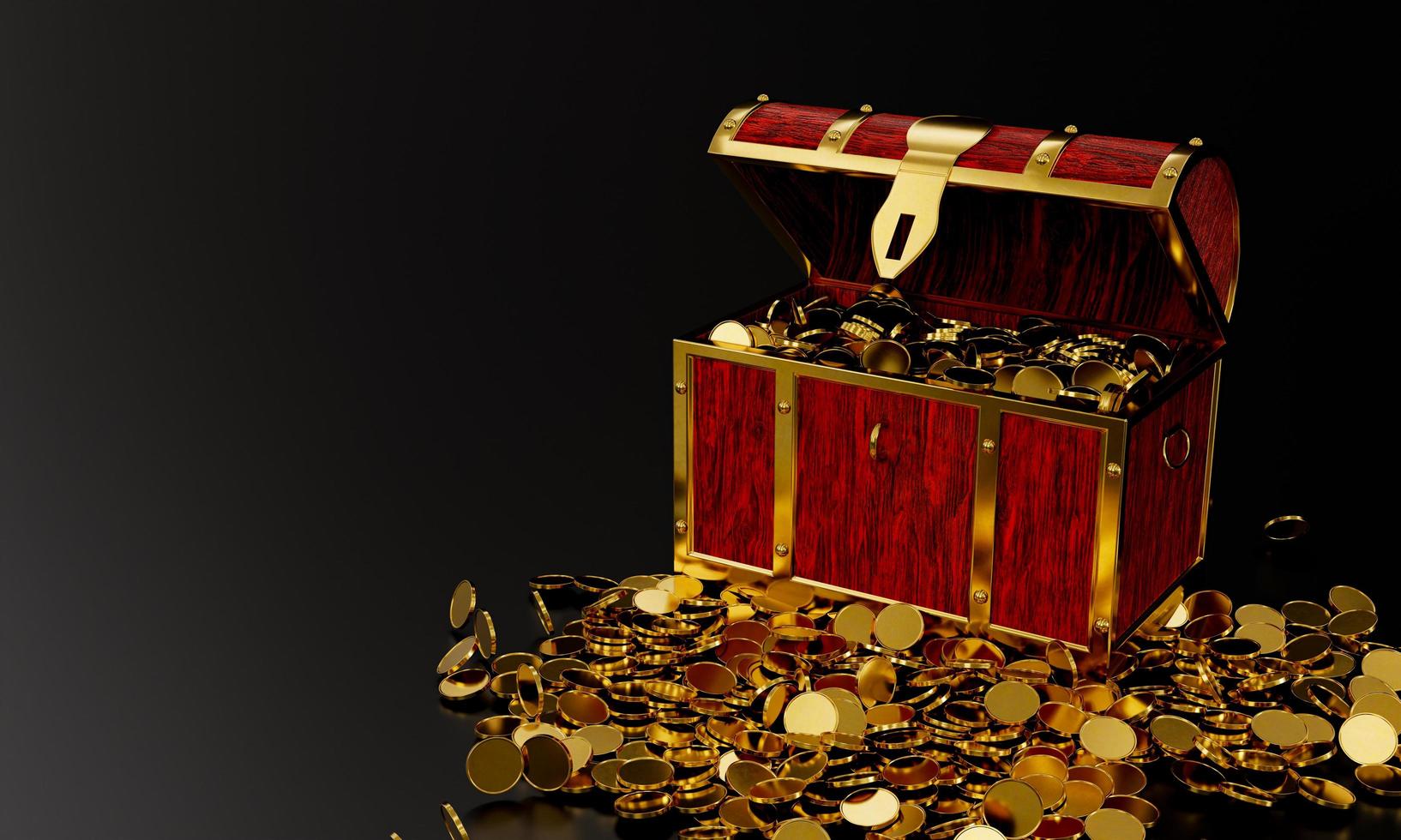 Numerous gold coins spilled out from the treasure chest. Old-style wooden treasure chest tightly assembled with rusted metal strips. 3D Rendering photo