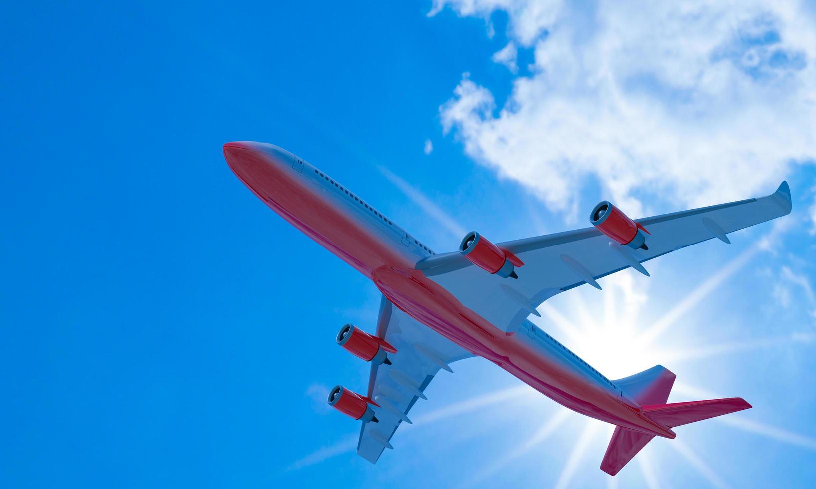 Passenger plane White red stripes flying in the sky on a bright blue day, white clouds in the daytime. The view looks up under the plane. 3D Rendering. photo