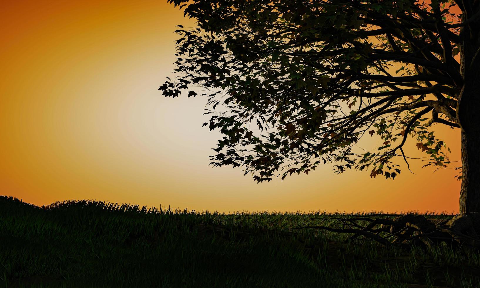 Silhouette of a big tree on the grass. Background in bright orange white tones representing the evening sun. 3D Rendering photo