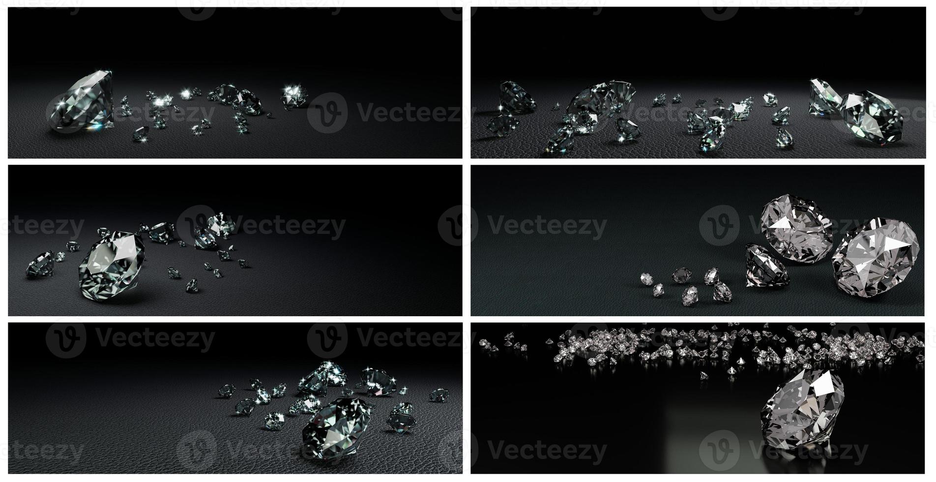 3D Rendering  set of many size diamonds on dark gray  surface photo