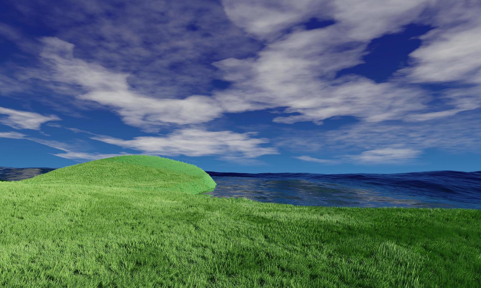 suelo de hierba vacío en la colina con fondo de nube blanca de cielo azul, vistas al mar y olas altas. cielo azul y hermosa nube con pradera y sol. representación 3d foto