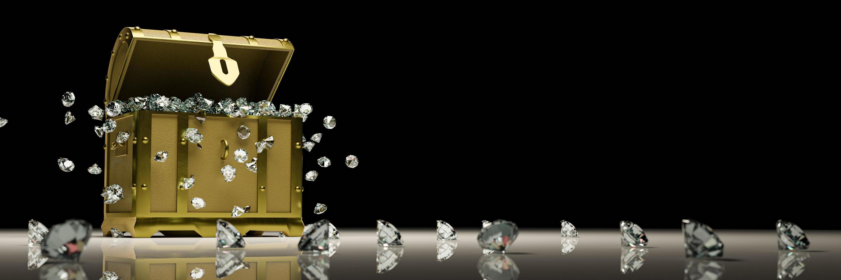 Many diamonds in  golden vintage treasure chest  and falling down to the ground use for Gem storage box concept. Treasure on black background and reflection on floor. 3D Render. photo